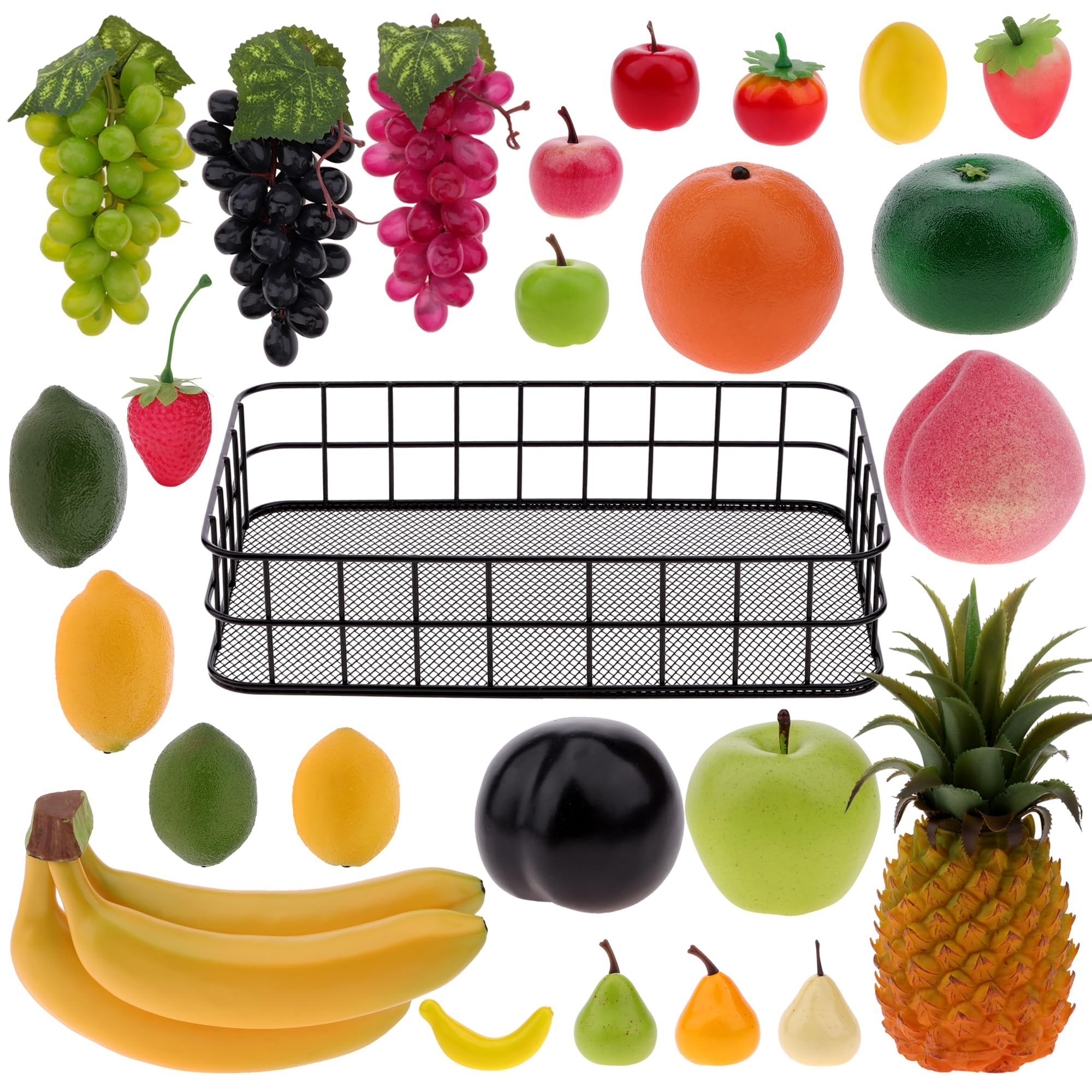 WorationBlack Fruit Basket + 25 PCS Artificial Fruit Set Simulation Vivid Fake Mini Fruit Pineapple 3 Heads Banana Grape Lemon Apple Pear Table Centerpiece Home Decoration