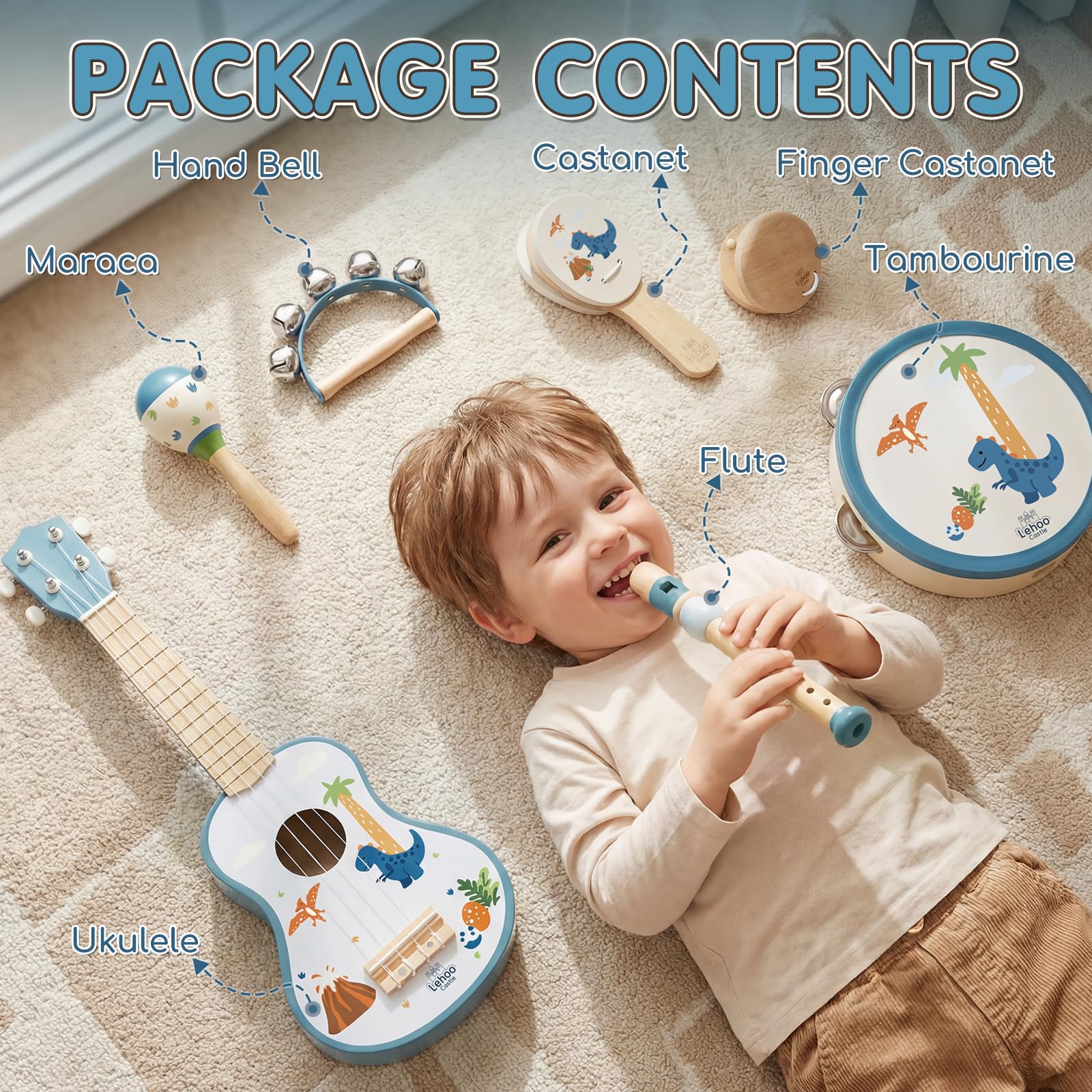 Lehoo Castle 7 en 1 Montessori Musikinstrumente für Kinder ab 1-3 Jahr, Kindergitarre, Tamburin, Flöte, Maracas, Ukulele Holzspielzeug Lernspielzeug