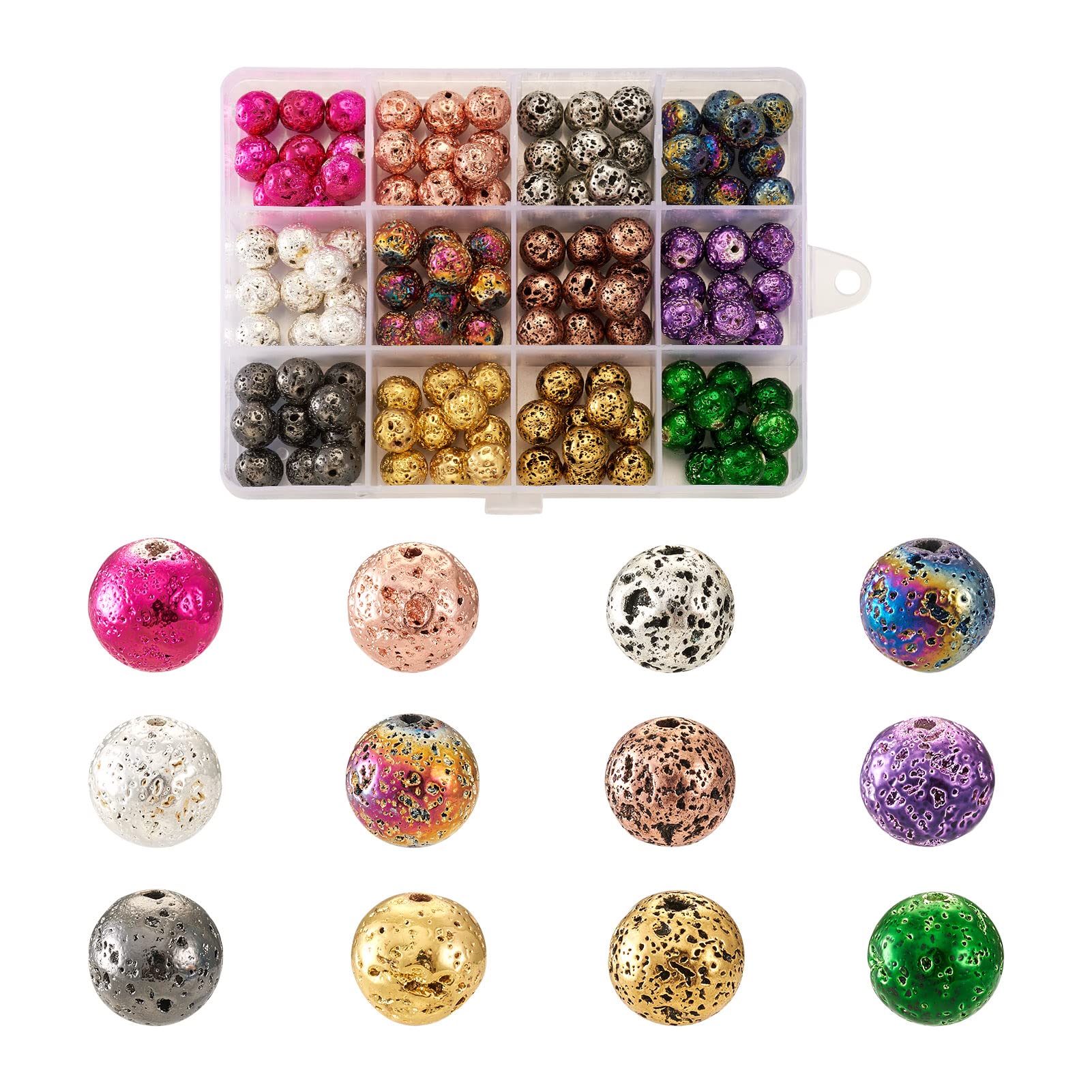Spritewelry 120Pcs 12 Color Round Electroplated Natural Lava Rock Beads 10-11mm Volcanic Stone Spacer Bead Bumpy Rock Bead for Bracelets Jewelry Making Supplies