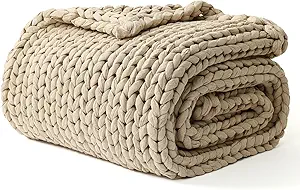 YnM Cotton Weighted Blanket, Handmade Chunky Knitted Design, Soft and Cozy, Temperature Regulating and Breathable, Machine Washable Throw for Sleep or Home Decor (Beige, 48x72 Inch, 20lbs)