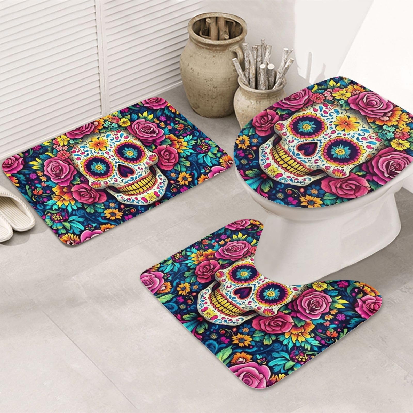 Alfombras de baño de calavera azúcar Vitality juego de 3 piezas antideslizantes para el hogar