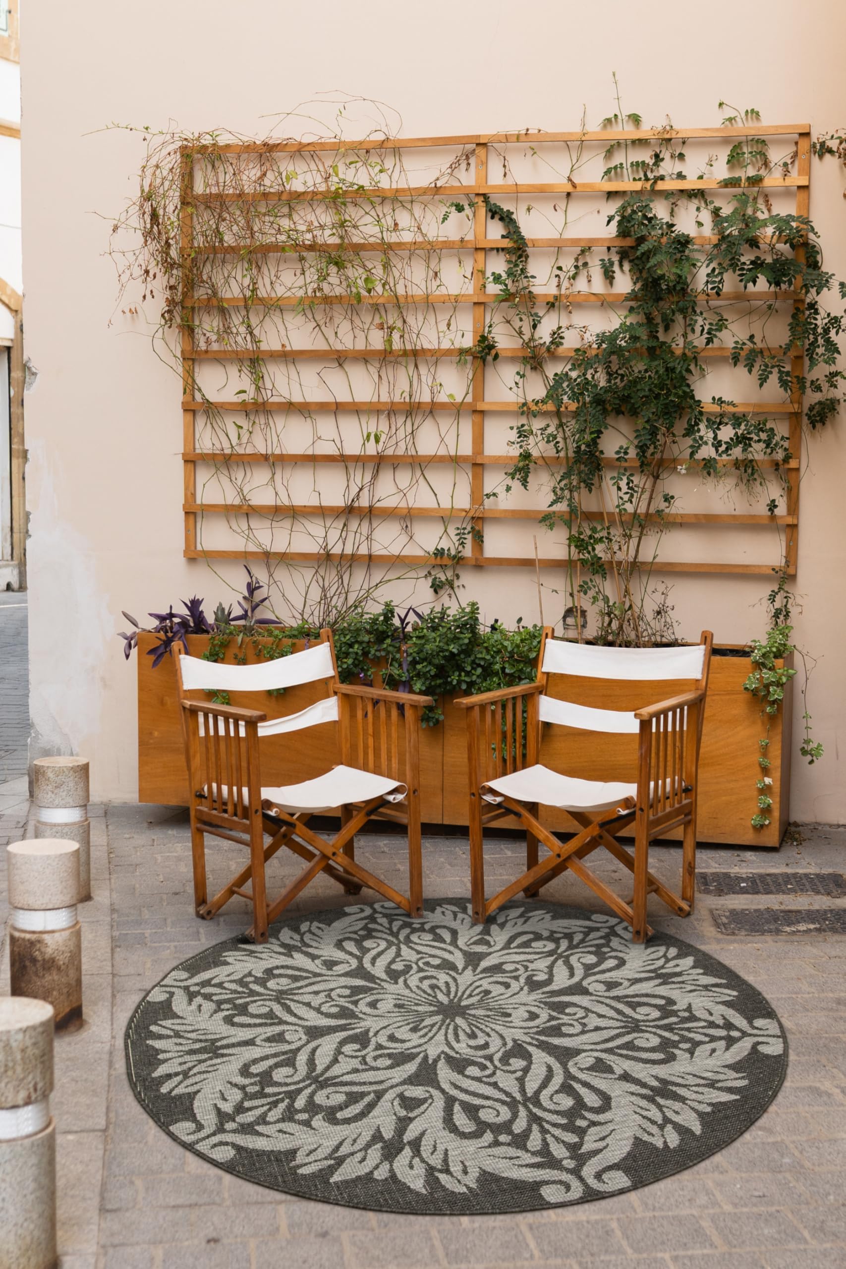 Sizalowy dywan, dwustronny, sznurkowy, na zewnątrz, do wewnątrz, na taras, na balkon, do salonu, nowoczesny, naturalne kolory, okrągły, ornament. (śr. 160 cm)
