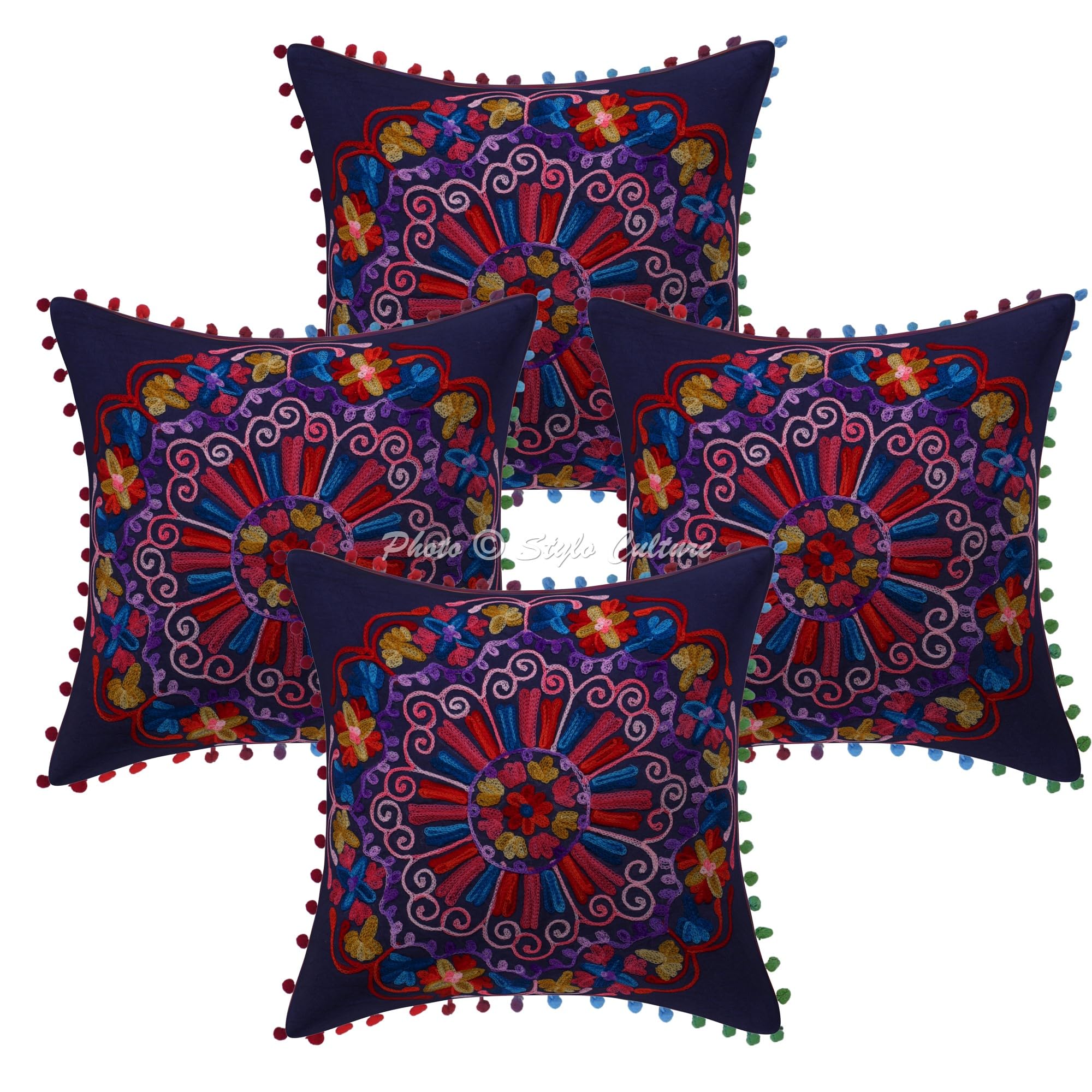 Ethnisch Dekorativ Baumwolle Sofa Kissenbezüge 40x40 cm Dunkelblau Dekokissen Suzani Bestickte Pom Pom Spitze Wohnzimmer Couch Kissenhullen Blumen Quadrat Kissen Bezüge - 4 STK.