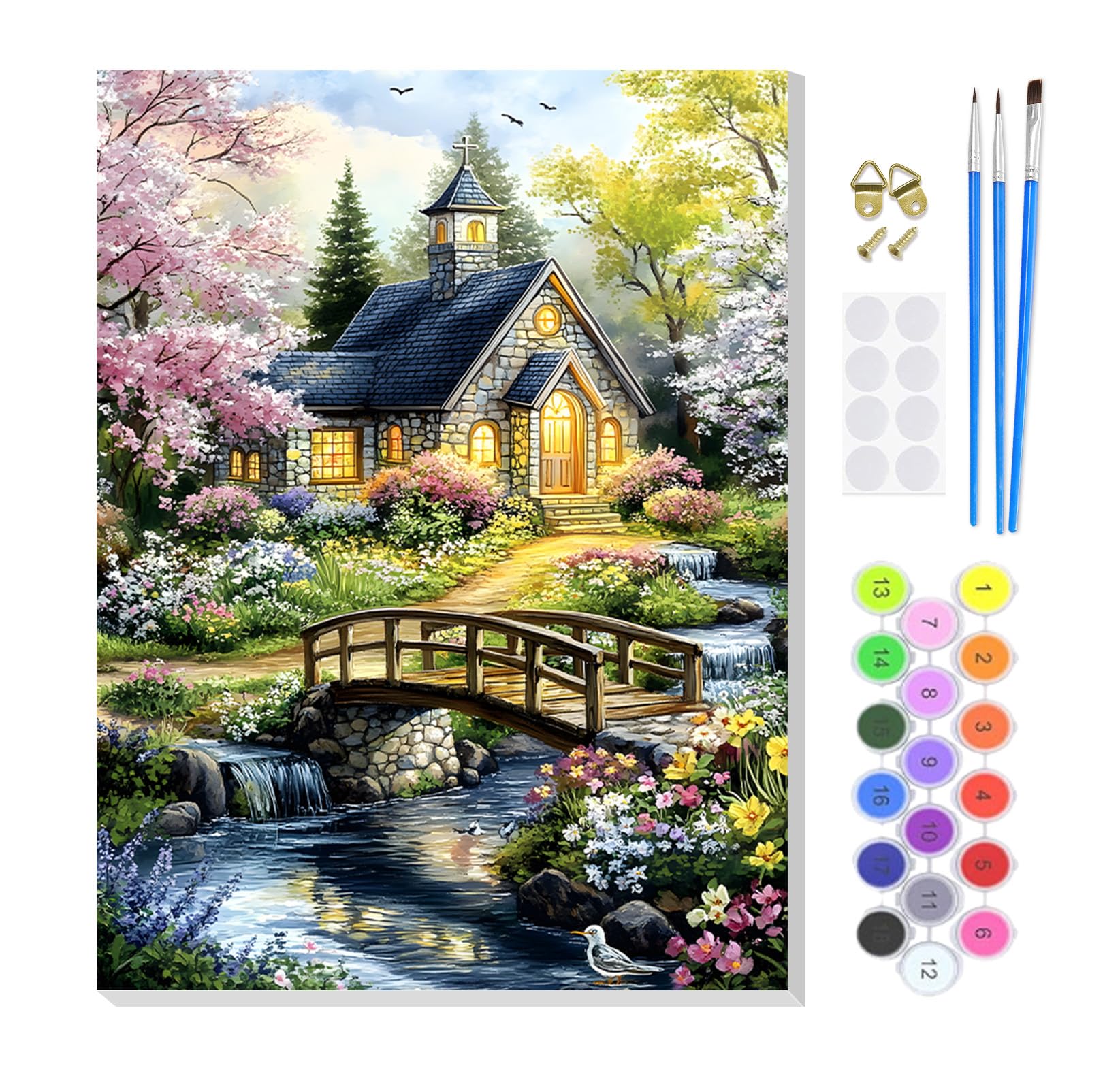 KEYIFA Paint by Numbers for Adults on Framed Canvas,Forest Bridge Cabin Painting by Number Canvas Kits with Acrylic Paint Brushes, DIY Craft Oil Painting Art Kits for Adults, Home Wall Decor 20x30cm