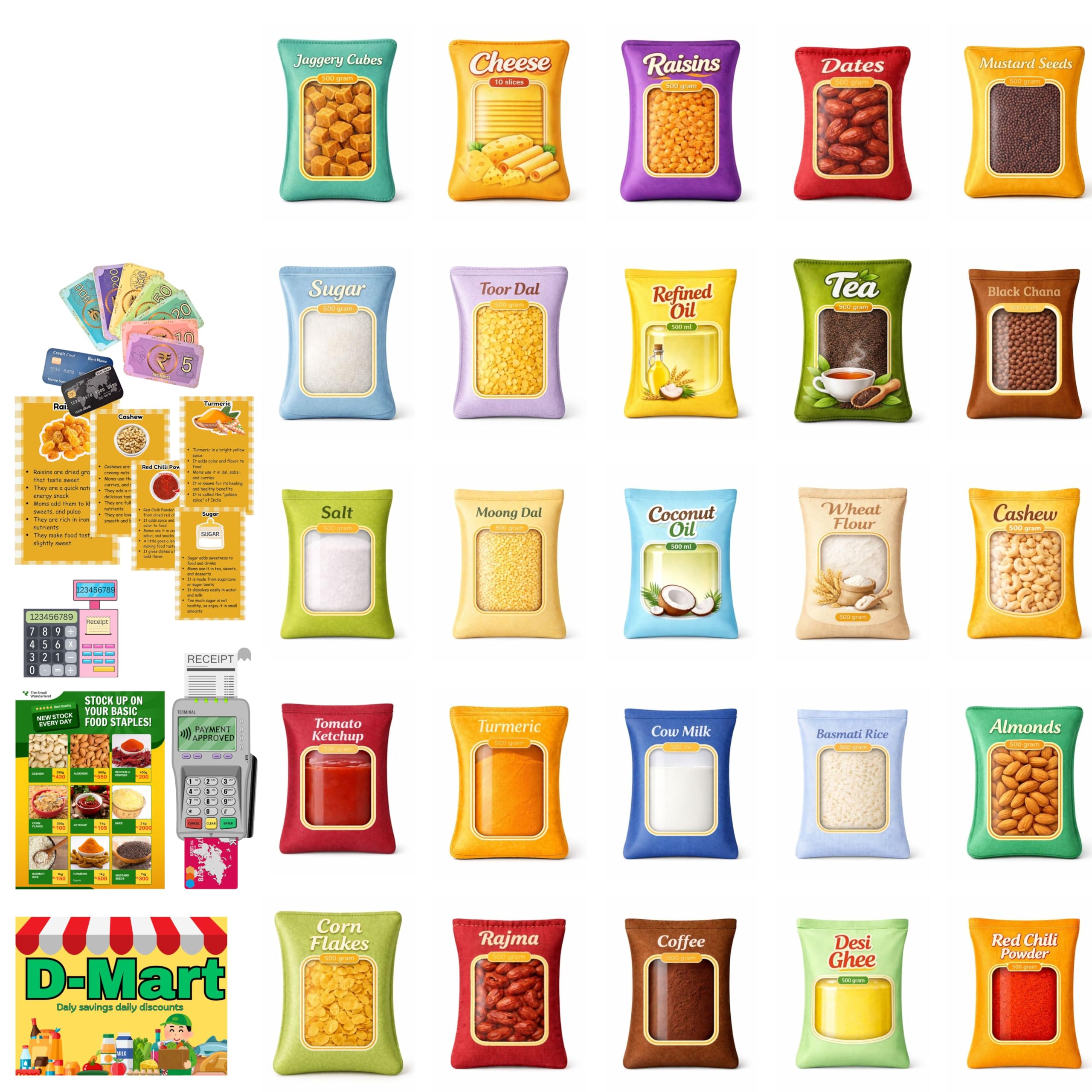 The Small Wonderland Indian Grocery Kitchen Play Set – 25-Piece Realistic Fabric Indian Play Food Collection for Kids 3+ | Traditional Kirana Store Role Play Toy | Educational Kitchen Learning Set