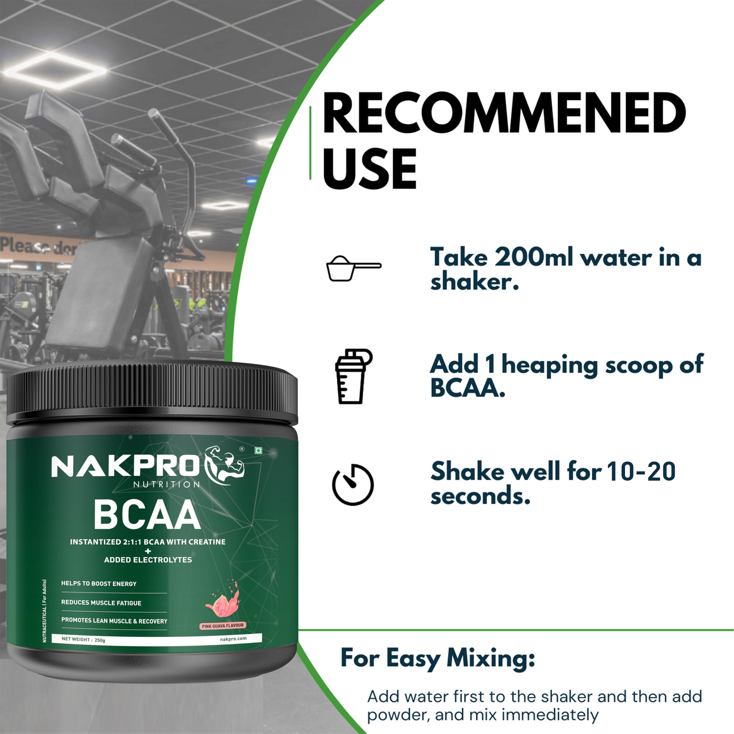 NAKPRO BCAA-Instantized 2:1:1,BCAA - Jar (31 Servings, 250g- (250 g, Pink Guva) - Image 6 thumbnail