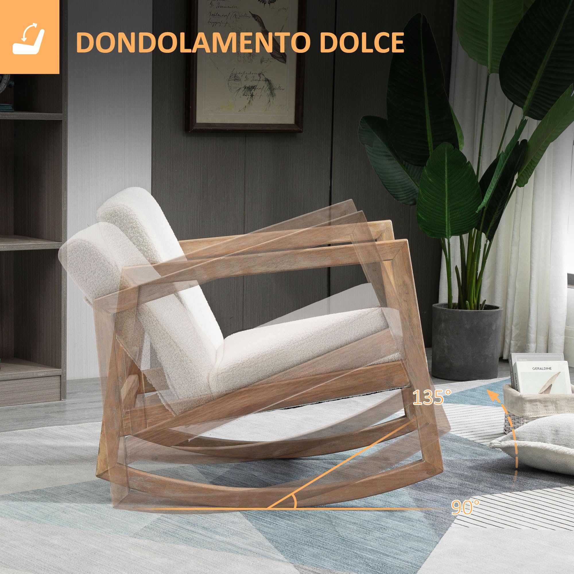 HOMCOM Sedia a Dondolo Minimal con Cuscini per Seduta e Schienale, Sedia per Soggiorno in Legno di Caucciù, Pile e Schiuma, 60x81x71 cm, Bianco Crema