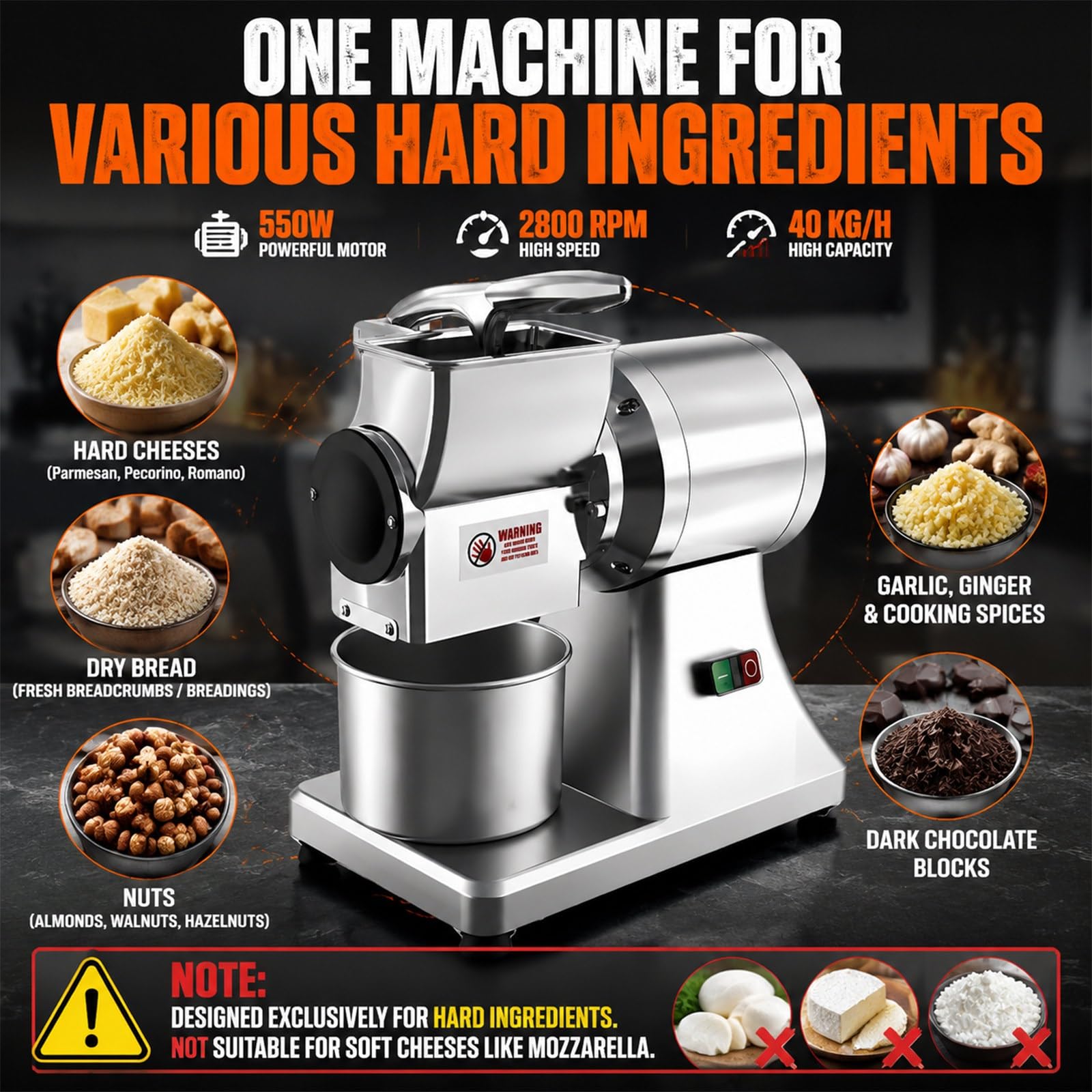 Macina Formaggio Elettrico 40kg/h, Grattugia Inox Pro 550W | Tritatutto Elettrico da Banco 0.75CV con Recipiente in Acciaio Inox & Protezione Integrata per Formaggi & Noci