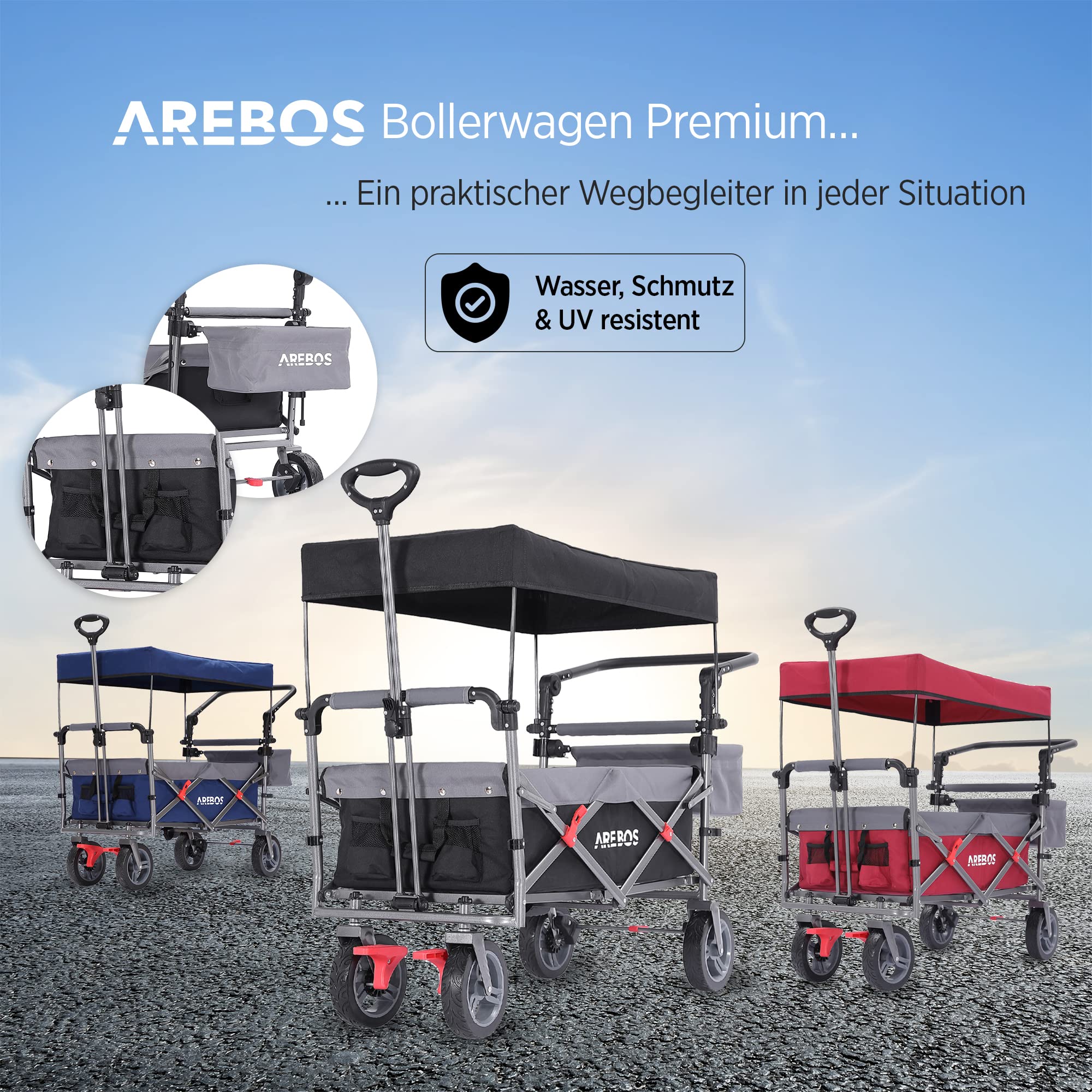 Arebos Bollerwagen Premium faltbar mit Dach | Handwagen | Faltwagen | Transportwagen | klappbar | bis 100 kg Tragkraft | Vorder- und Hinter-Bremse | Schwarz