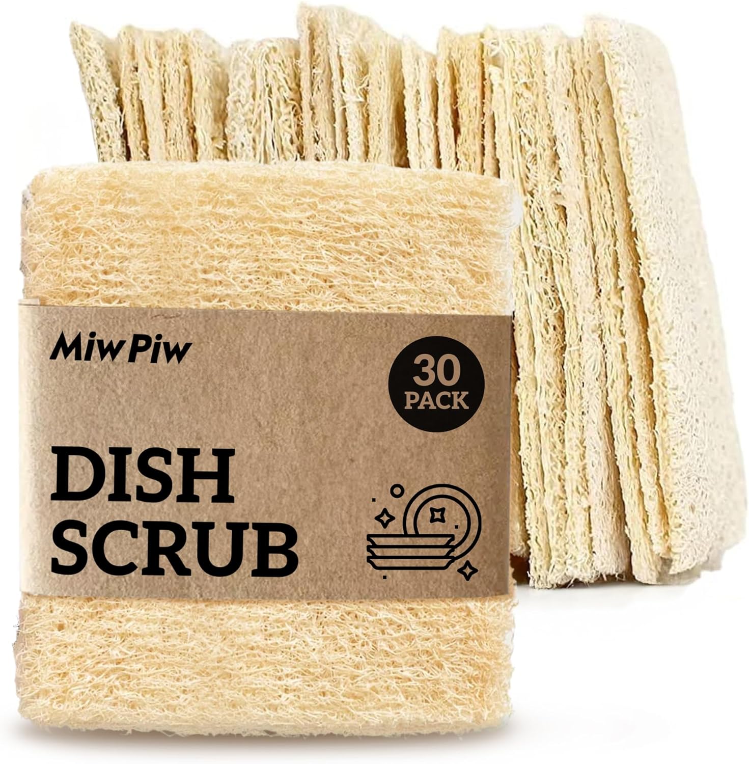 Natural Loofah Dish Sponge (Pack 30) Vegetable Scrubber for Kitchen – 100% Biodegradable Compostable Dishwashing Scouring Pad Zero Waste
