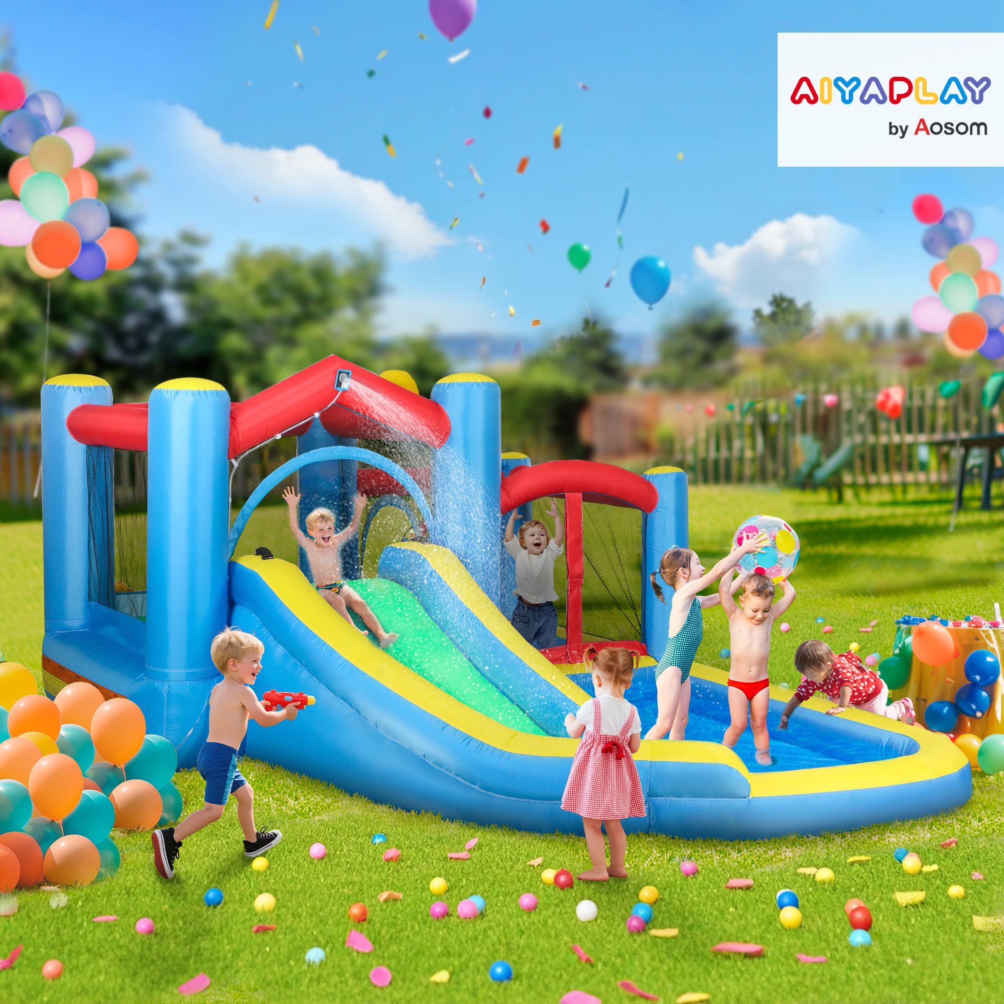 AIYAPLAY Castillo Hinchable con Soplador 5 en 1 Parque Acuático Hinchable para Niños con Tobogán Piscina Diana y Canasta para Exterior Interior 385x290x180 cm
