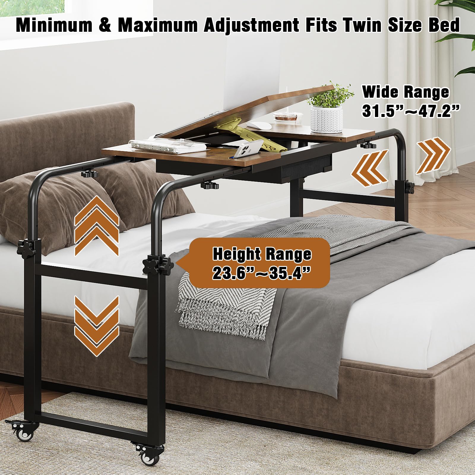 VEDECASA Escritorio sobre cama con ruedas, mesa ajustable para laptop con cajón y escritorio inclinable, estación de trabajo móvil para cama, sofá y oficina en casa, color marrón