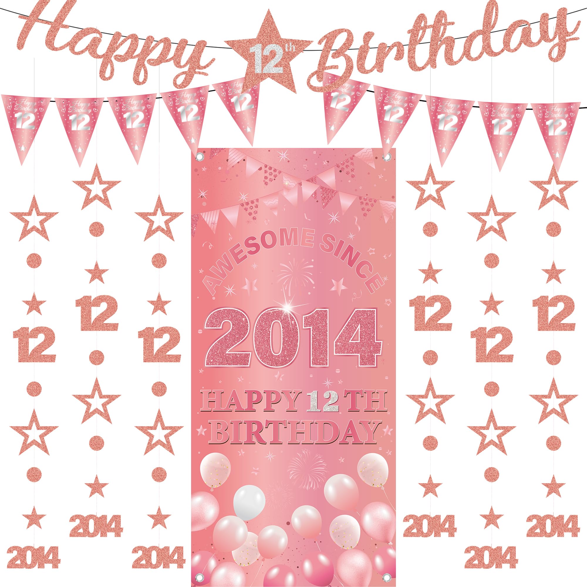 12th Birthday Decorations Girls Banners - 9 Pcs Rose Gold Happy Birthday Banner Awesome Since 2014 Curtain Twinkle Star Dot Hanging Streamer Pennant for Girl 12 Years Old Party Wall Decor Supplies โ image 1