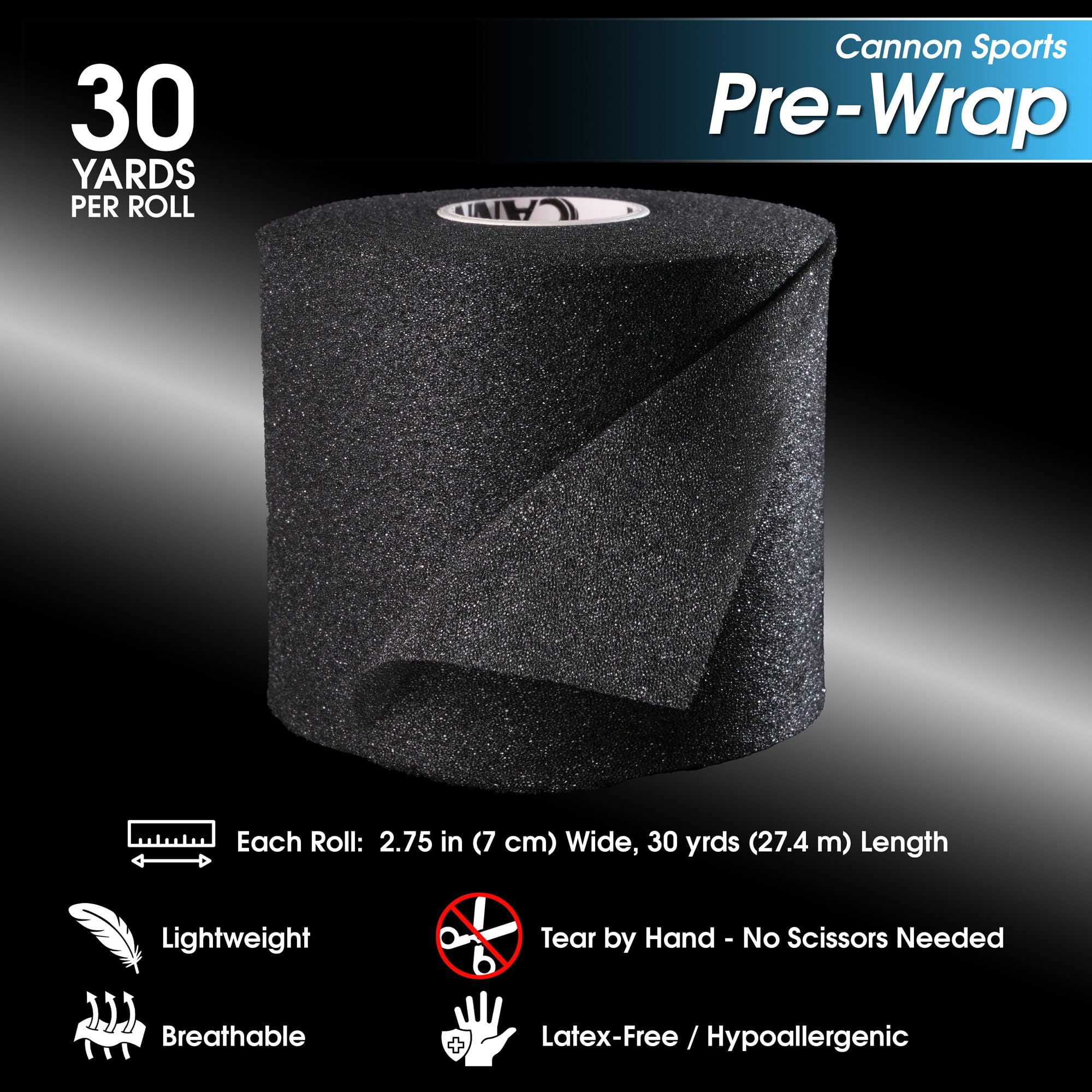 Cannon Sports Rollo de cinta de espuma atlética de 30 yardas para tobillos, muñecas, rodillas, codos y cabello (negro)
