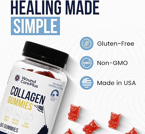 Miniatura 7 de Wound Care Plus Gomitas de colágeno  con péptidos de colágeno, biotina, zinc, vitaminas C y E  Apoya la salud de la piel, el cabello y las uñas  a