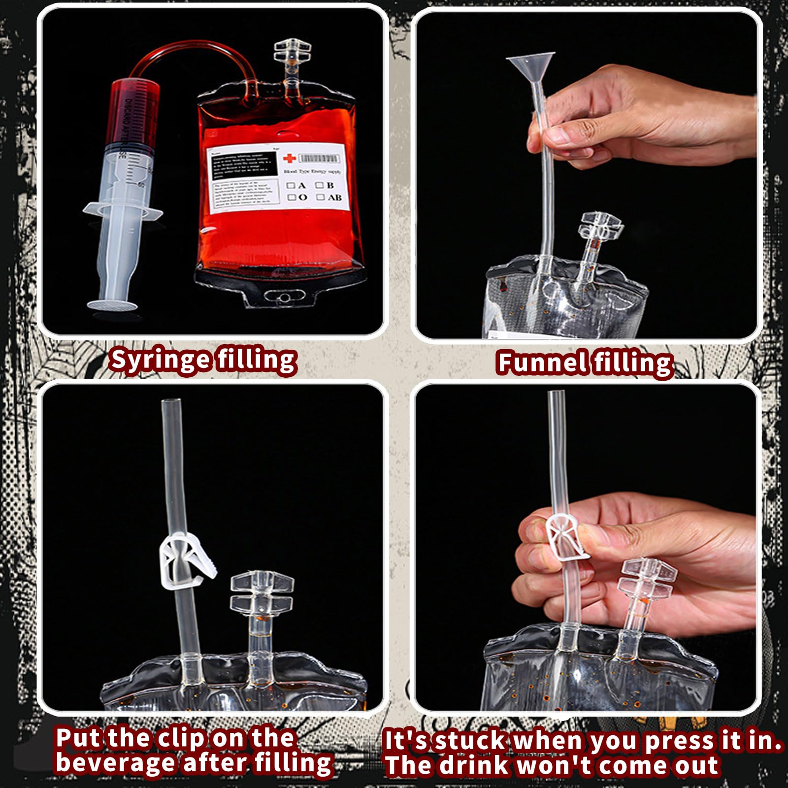 Vasos de Halloween, 10 bolsas de sangre de Halloween, bolsas de sangre de 350 ml para rellenar, bolsa de sangre para beber con jeringa de tipo de sangre, pegatinas decorativas de Halloween, bolsa de — view 3