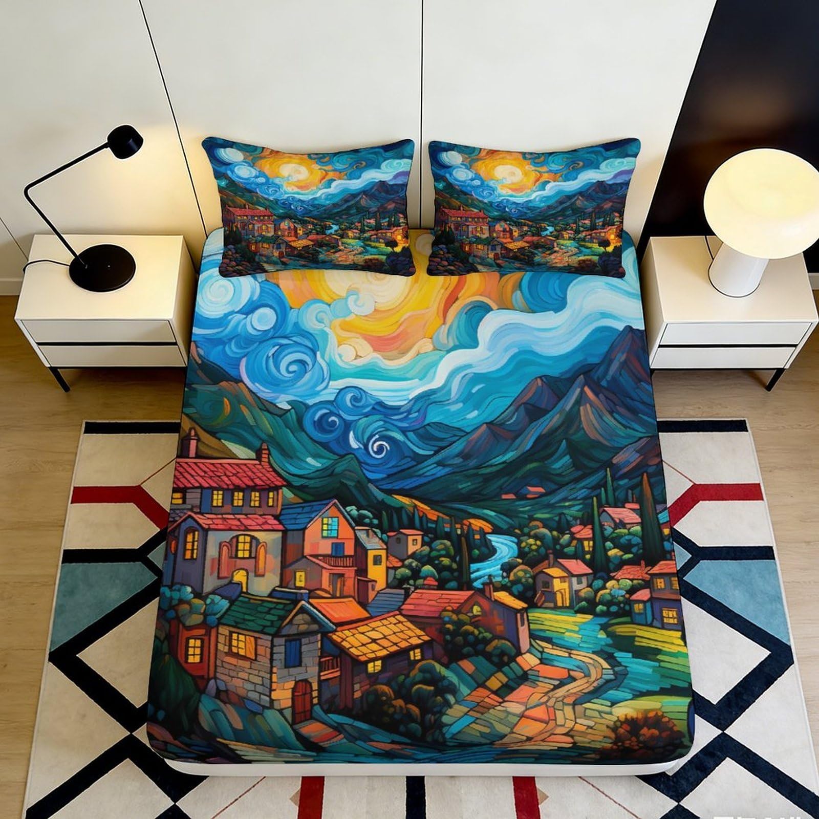 Jqzkxnhpbr Style-5 3D Printed Mountain Landscape Fitted Sheet Microfiber Soft Bedroom Decor Village Sunset Mattress Cover 90X200x25cm