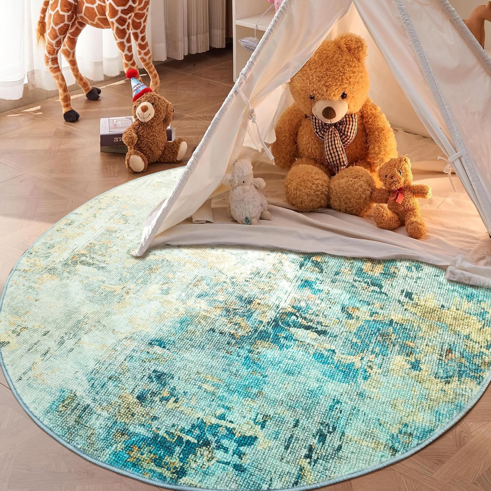 Tappeto Rotondo Astratto per Soggiorno, Lavabile in Lavatrice, Antiscivolo, Pelo Corto, Non Perde Pelo | Tappeto Moderno per Salotto e Camera da Letto, Ø 200 cm, Ottanio e Beige