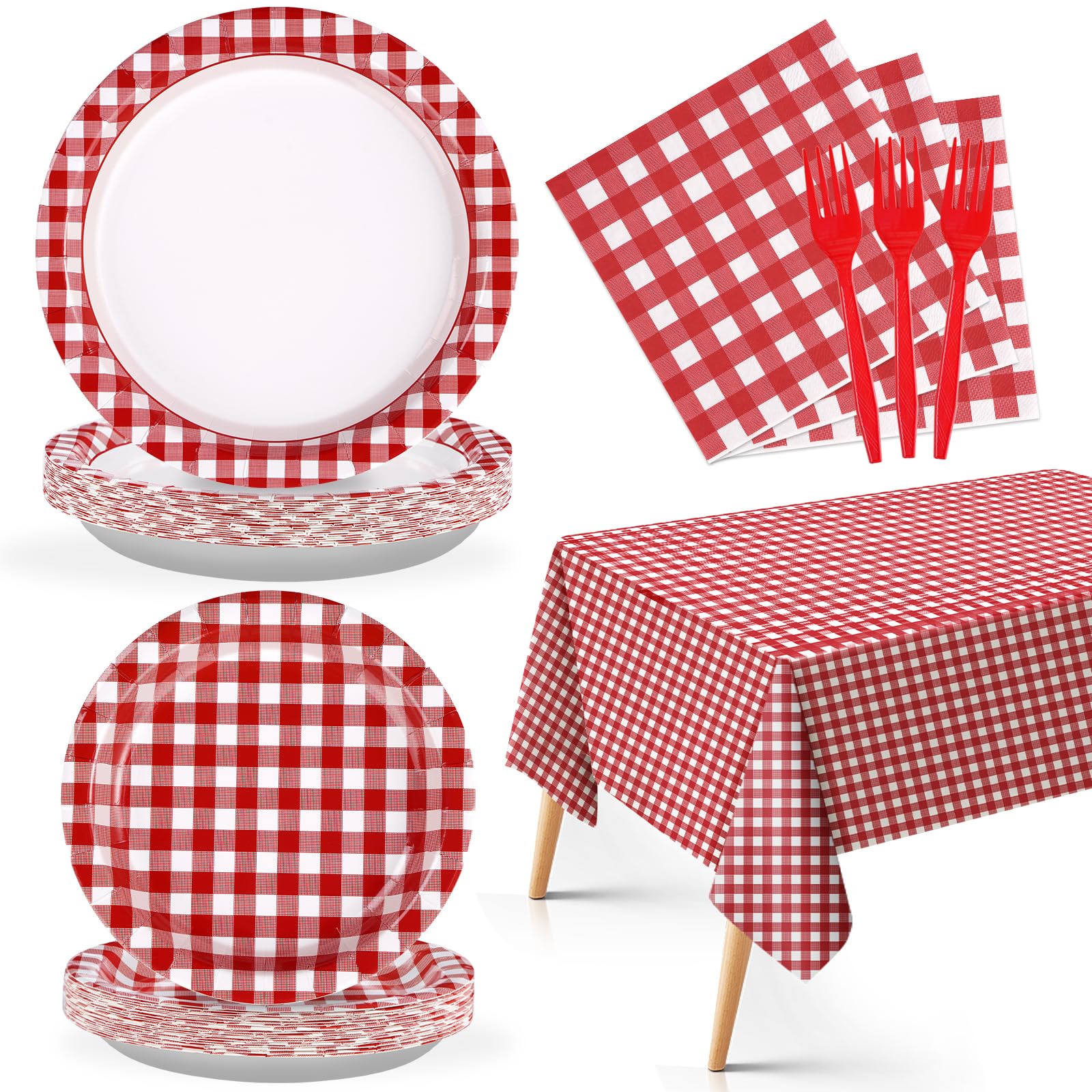 98 Pcs Red and White Gingham Party Decorations Red White Buffalo Checked Plaid Plates Napkins Tablecloths Picnic Tableware for Valentine's Day BBQ