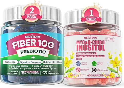 Gomitas de fibra para adultos, suplemento de fibra prebiótica sin azúcar de 0.35 oz + suplemento de gomitas de mio-inositol y D-Chiro inositol