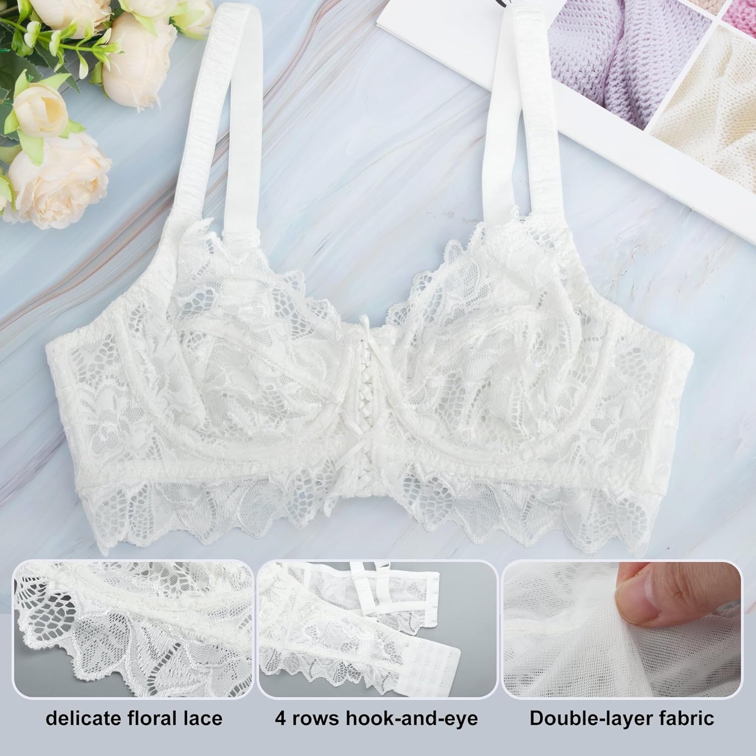 sheroine Women's Lace Sexy Underwire Mesh Bra Full Coverage Sheer Plus Size Unpadded Bras - Image 6