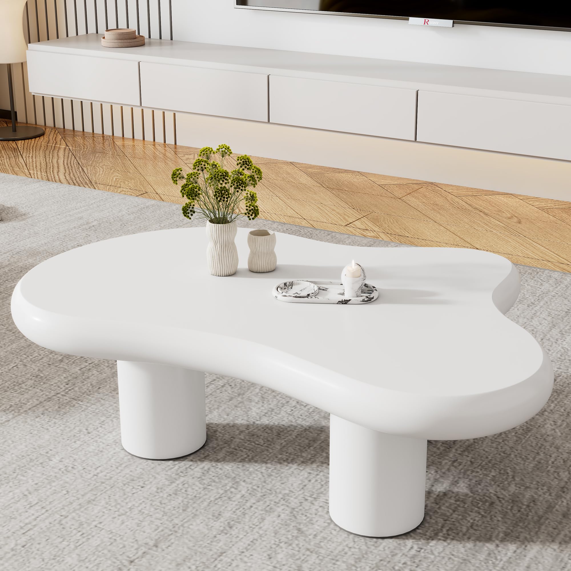 BTM Table Basse Irrégulière en Forme De Nuage, 97cm Longueur, 67cm Largeur, 32cm Hauteur, MDF avec Protège-Sols en Tissu, Surface Laquée, Table Créative