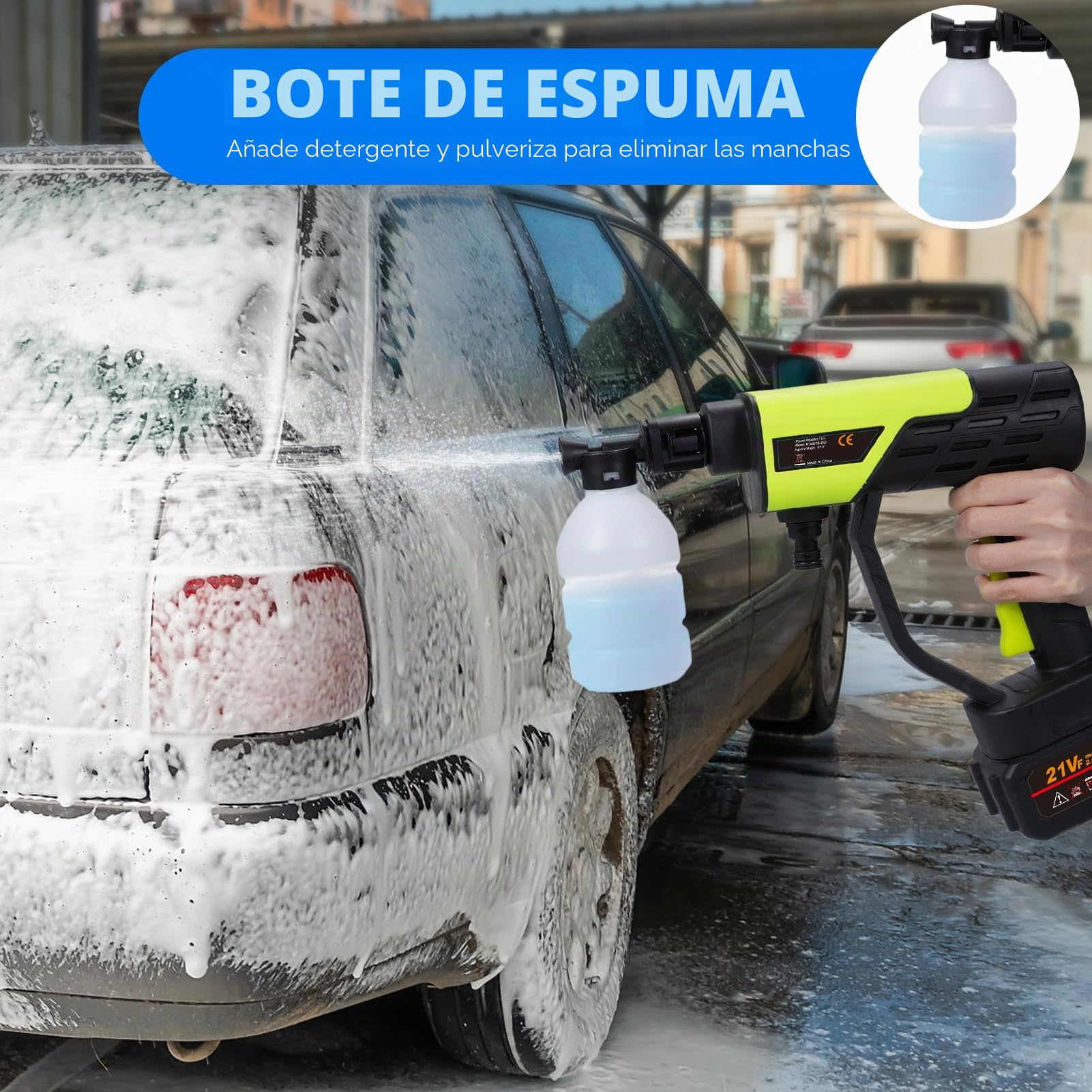 Shkalacar 21V Hidrolavadora Inalámbrica, limpiadora Portátil con 2 Baterías, Boquilla 6 en 1, Cañón de Espuma, Manguera de 16 Pies para Riego, Limpieza, Lavado de Autos, Lavado de Pisos