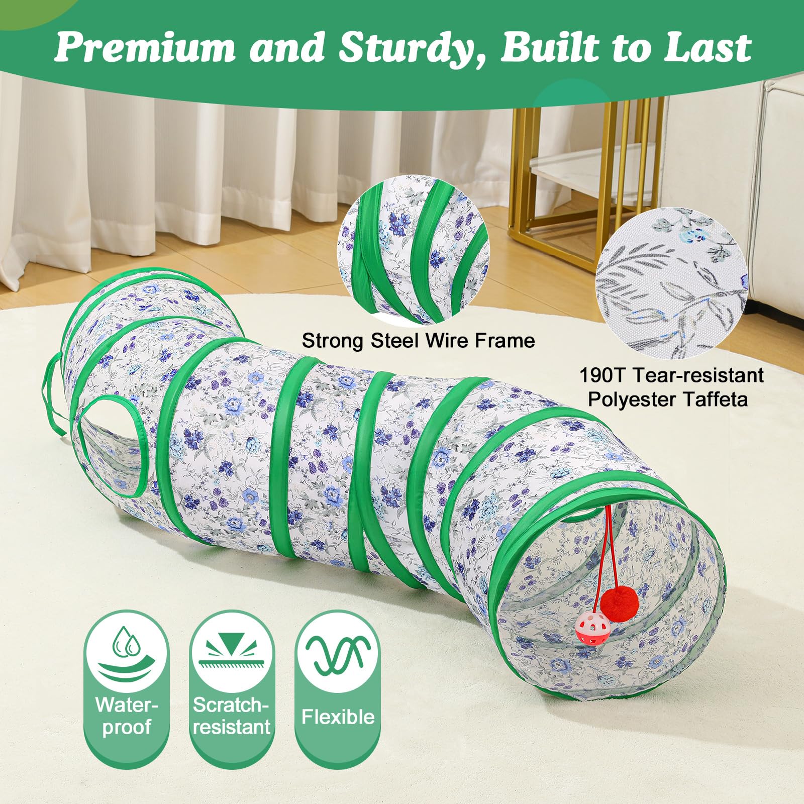 Pawaboo Cat Tunnel, S-Shaped Cat Tube Tunnel 25*97cm(9.8''*38.2'') with Balls and Bells - Image 3