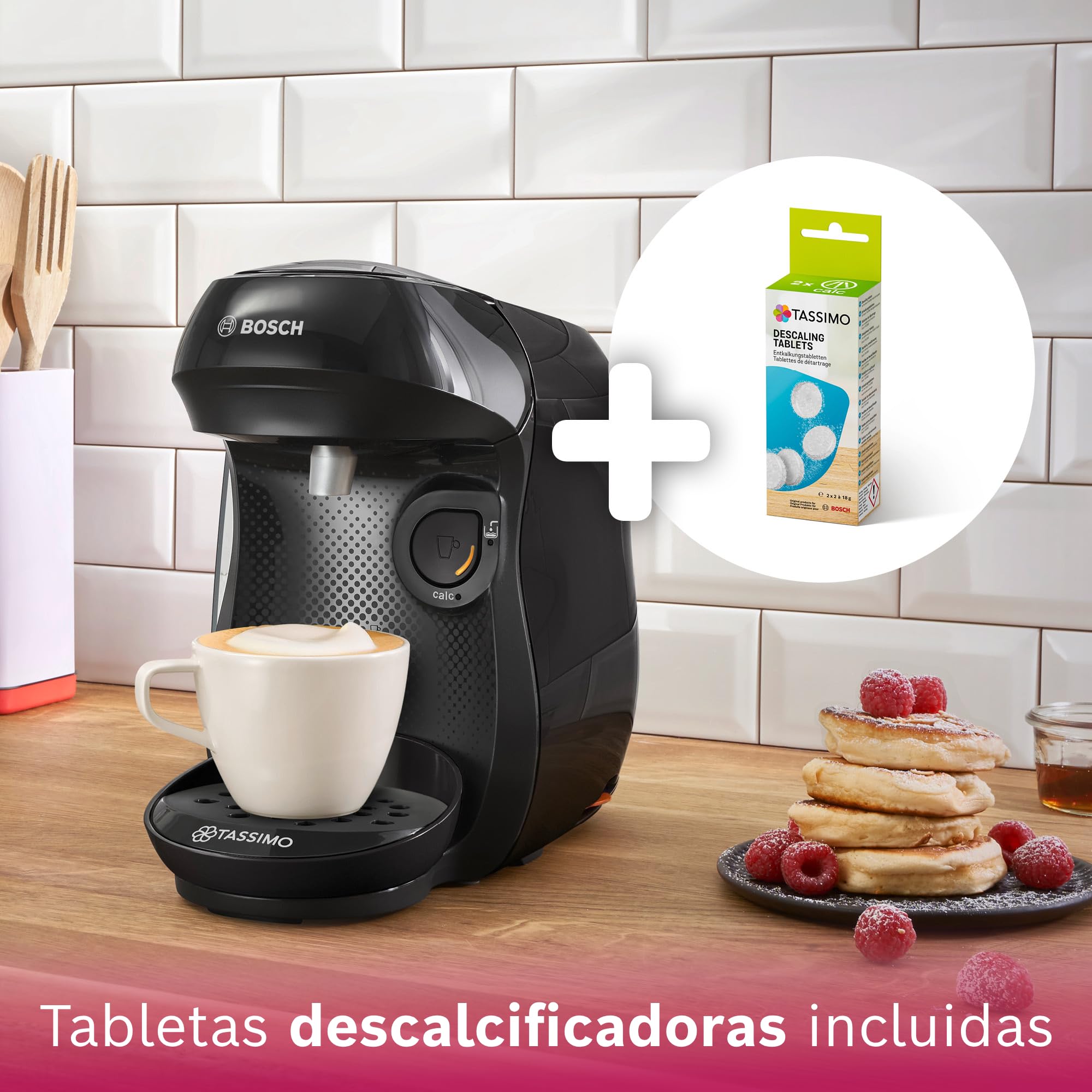 Bosch - Cafetera Tassimo Happy Friendly, Pastillas Descalcificadoras incluidas, Hasta 70 bebidas, OneTouch, INTELLIBREW™, Negro, TAS102EA