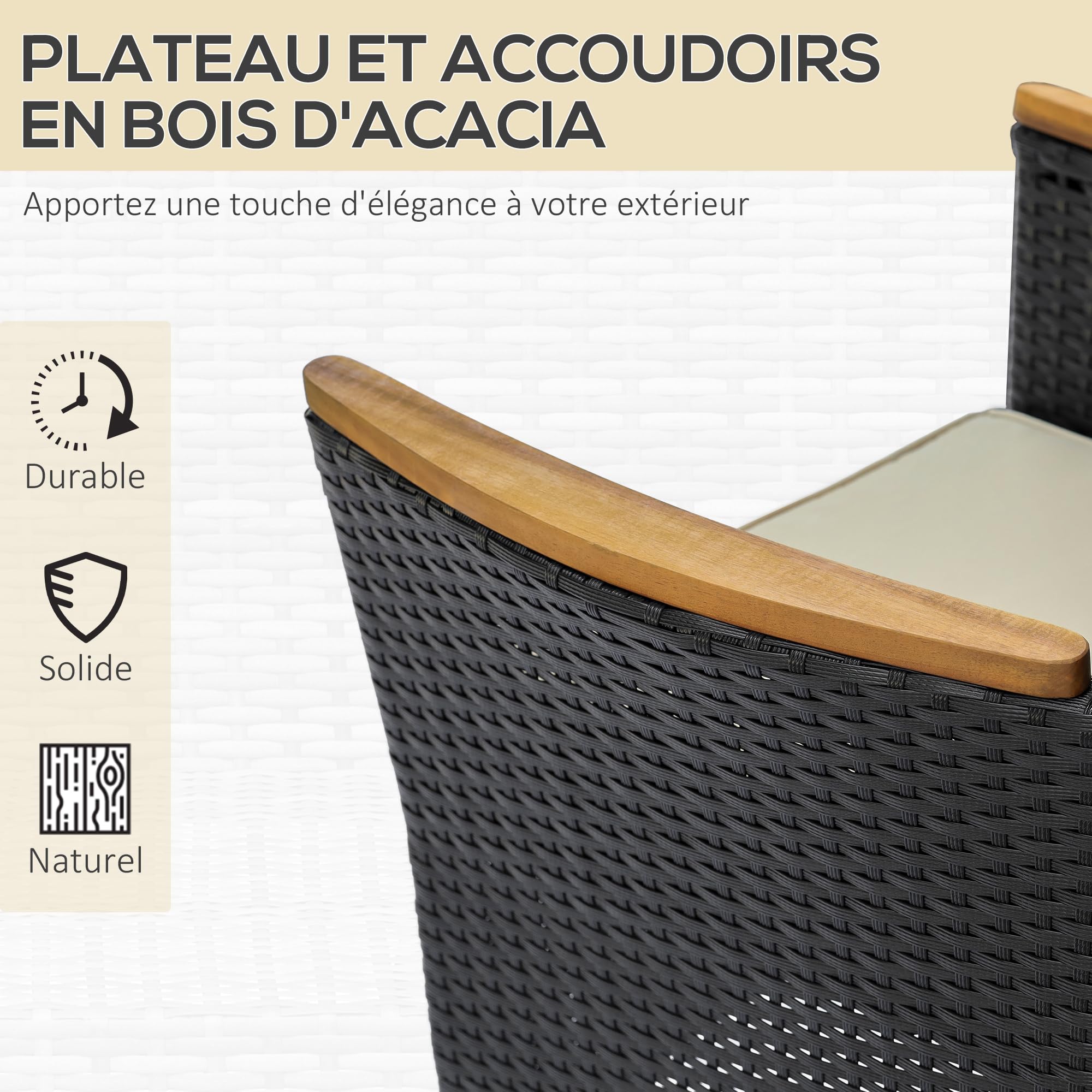 Outsunny Ensemble Salon de Jardin 6 Personnes Table à Manger rectangulaire 6 fauteuils Coussins lavables Acier résine tressée PE Bois d'acacia Noir et Beige