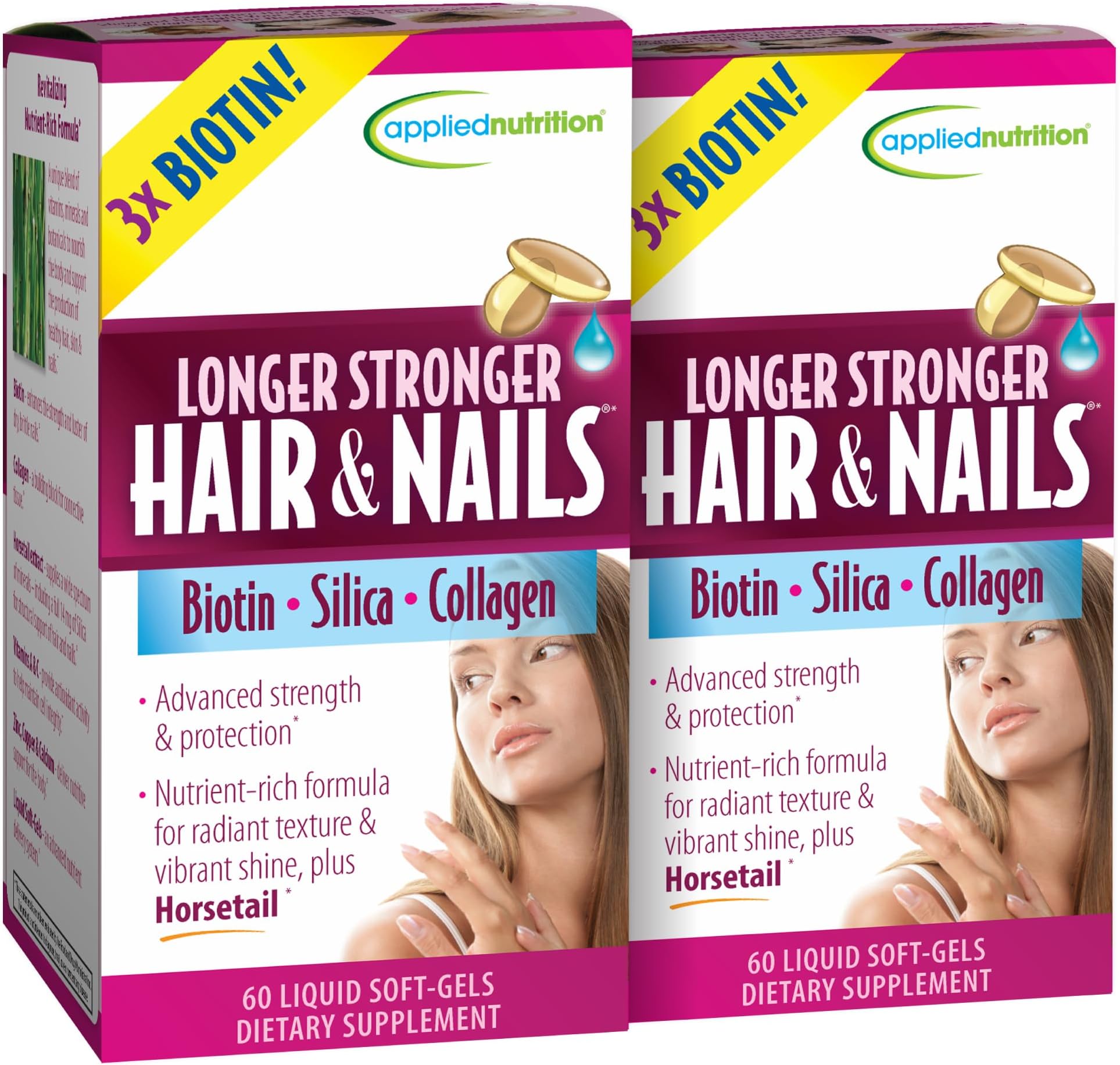 Longer Stronger Hair & Nails - 60 Liquid Soft-Gels, Pack of 2 - Biotin, Silica & Collagen - 60 Servings