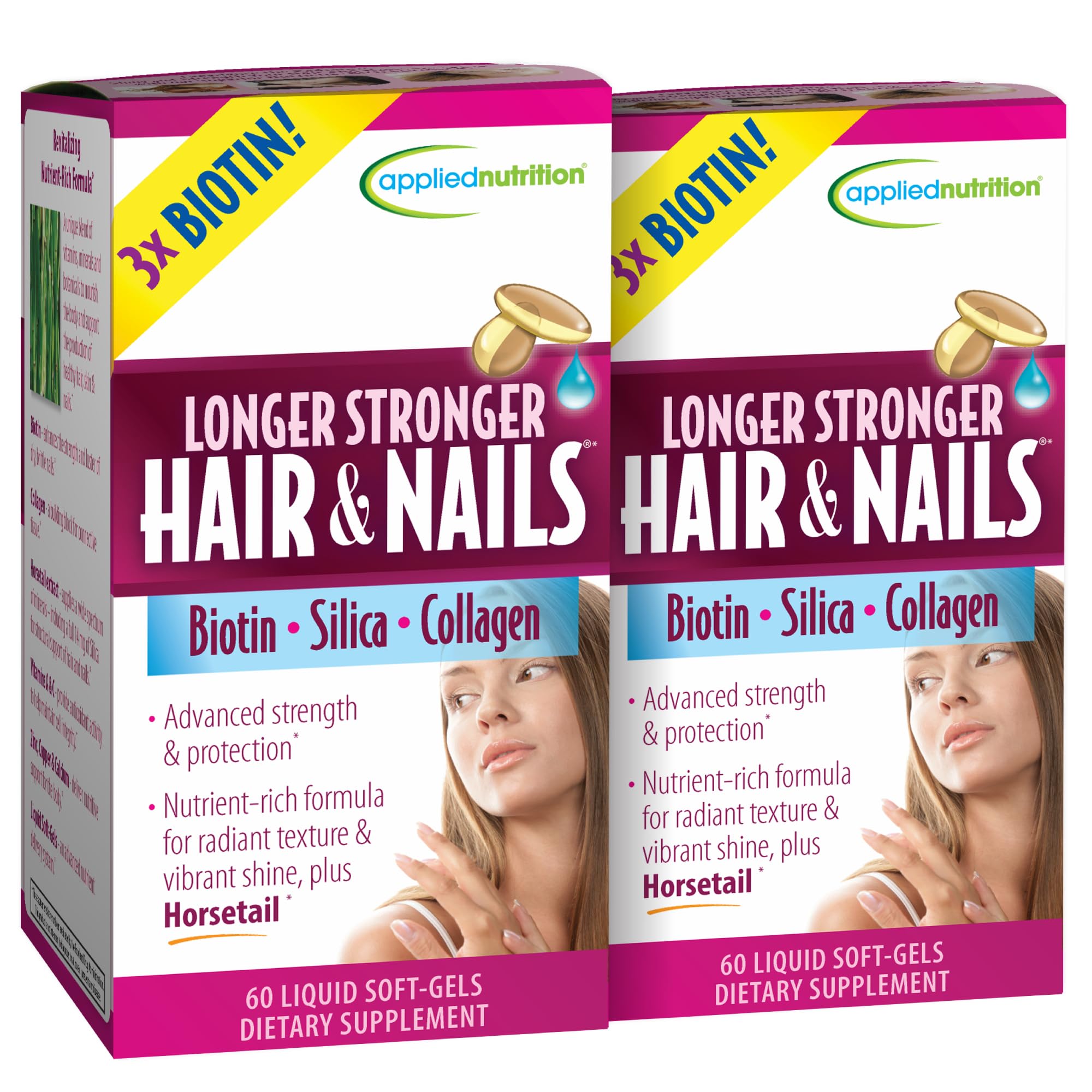 Longer Stronger Hair & Nails - 60 Liquid Soft-Gels, Pack of 2 - Biotin, Silica & Collagen - 60 Servings