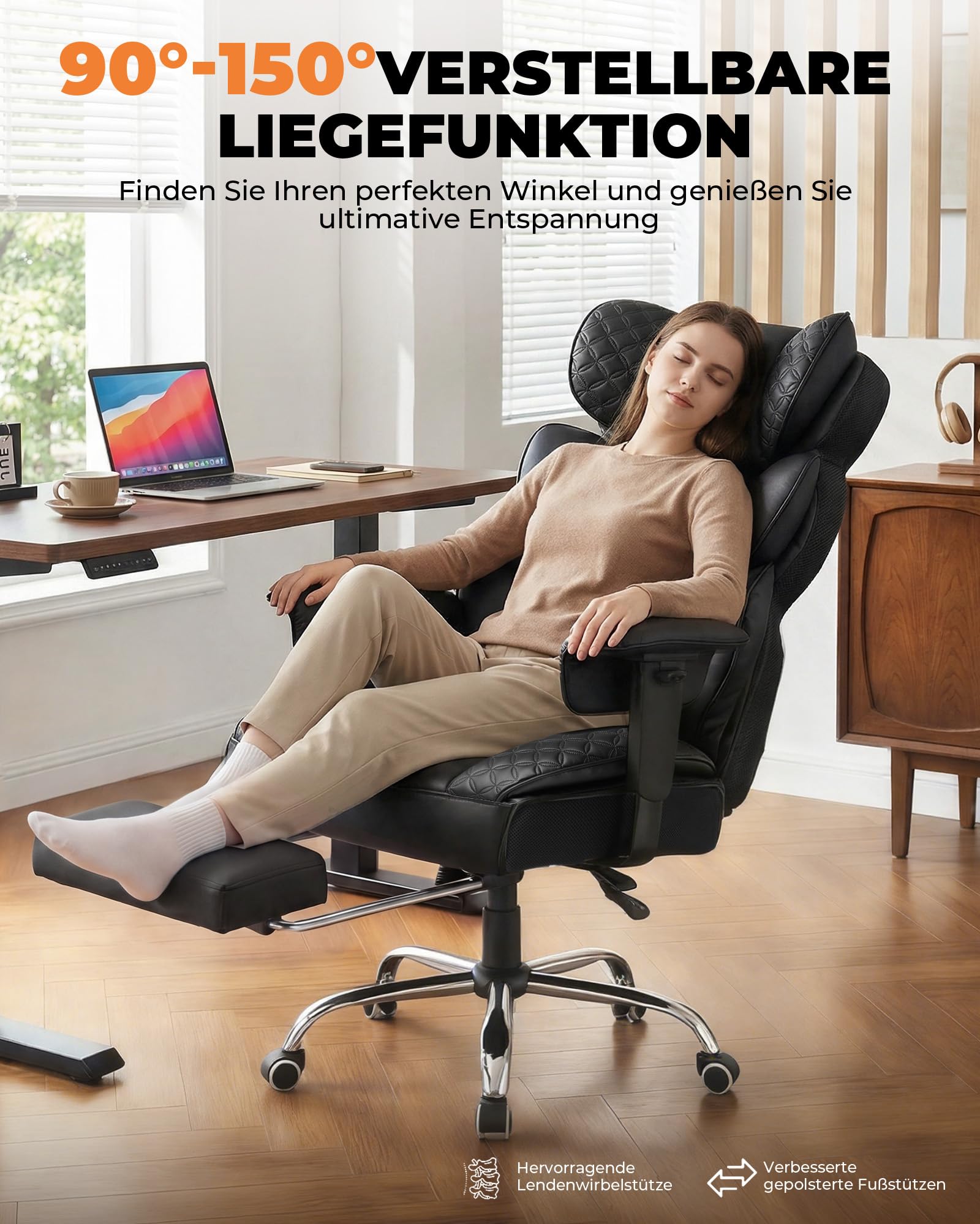 COMHOMA Ergonomischer Gaming Stuhl, Bürostuhl 180 kg, mit Verstellbarer Lendenstütze & Fußstütze, Hybrid-Design aus Kunstleder & Mesh, 150° verstellbare Rückenlehne, hoher Chefsessel, Schwarz