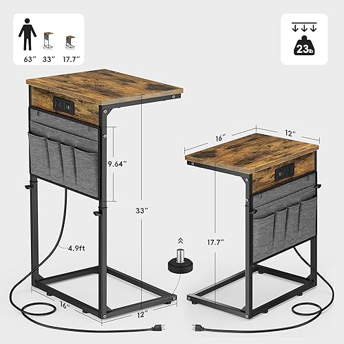 Miniatura 3 de Vagusicc Mesa auxiliar en forma de C con estación de carga, mesa auxiliar de 33 pulgadas de alto para sofá, mesa de sofá de altura ajustable, mesa