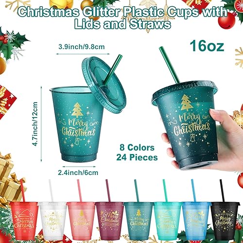 Miniatura 2 de Hsei 24 vasos navideños con purpurina con popote y tapa, vasos de plástico con tapas y pajilla, botella de agua reutilizable a granel, taza de viaje