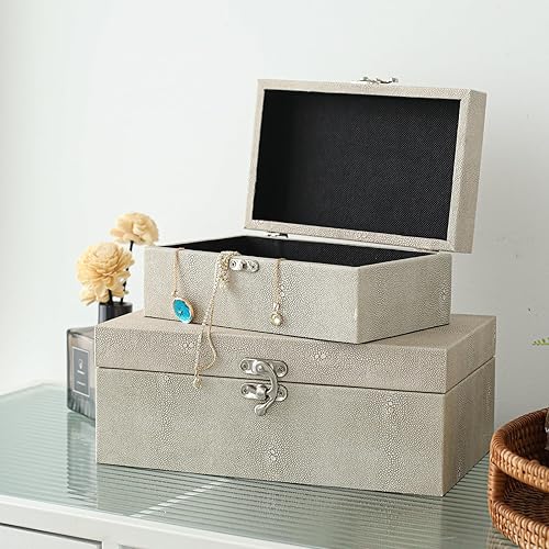 Miniatura 5 de Juego de 2 cajas de almacenamiento decorativas de piel sintética Shagreen, color marfil