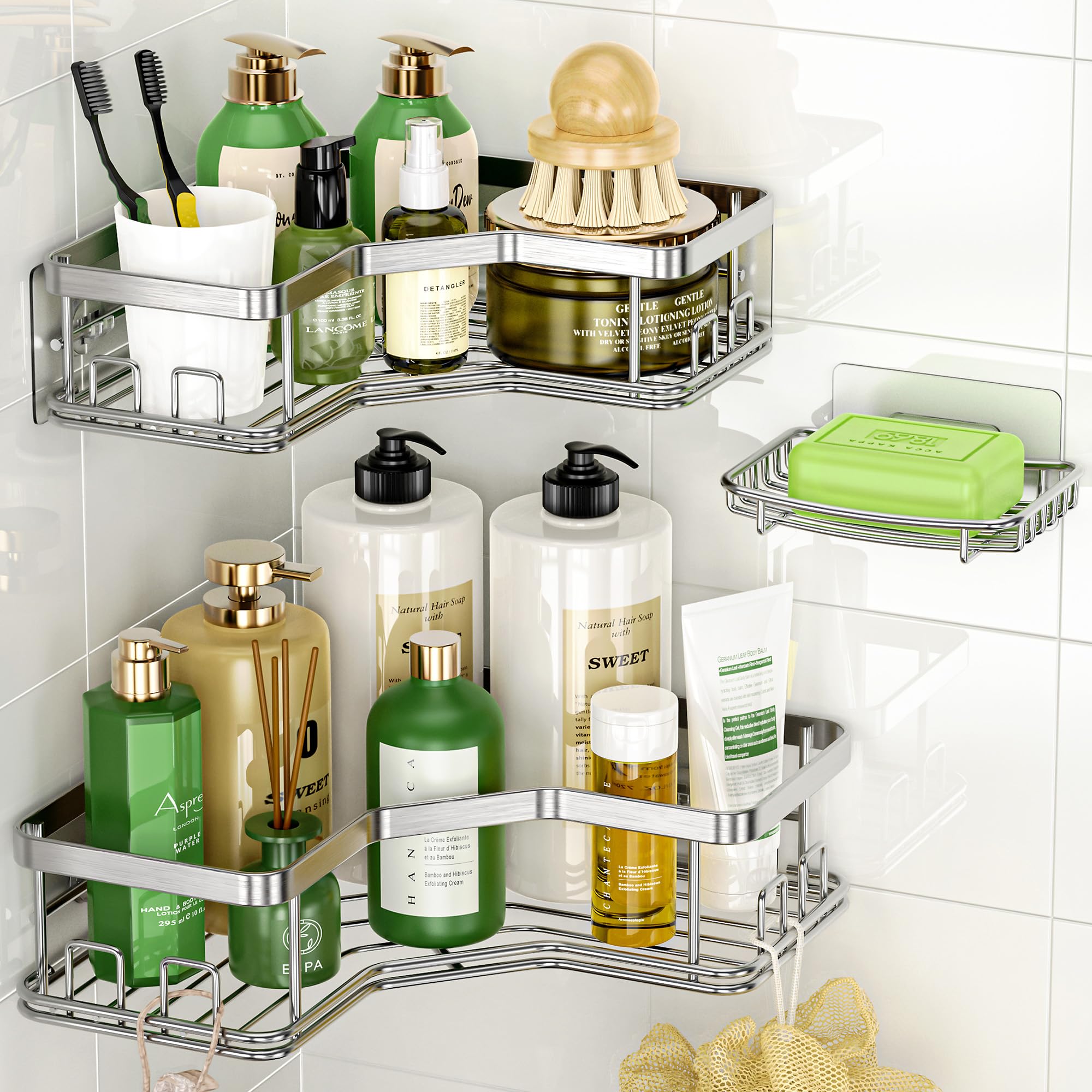 MAXIFFE 3 Pack X-Large Corner Shower Caddy with Soap Holder Large Capacity Easy Install No Drilling Stainless Steel