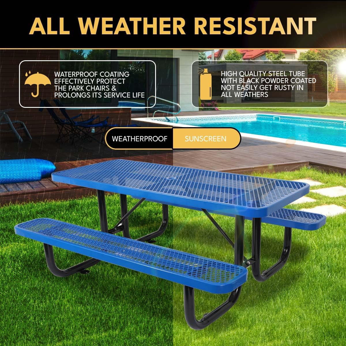 6 ft. Heavy-Duty Steel Outdoor Picnic Table with Umbrella Pole,Rectangular Weather-Resistant Dining Table for Backyard,Blue
