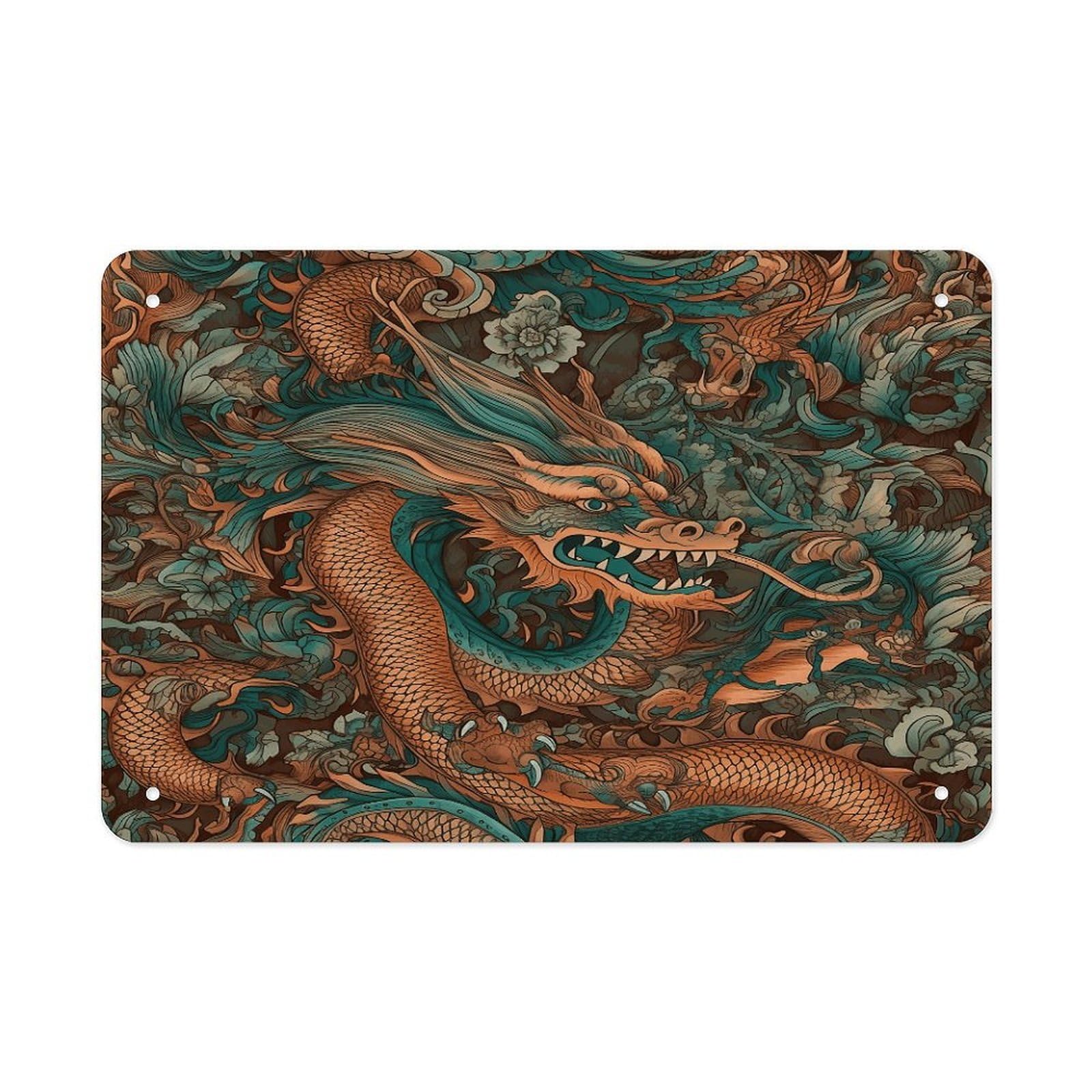 Fodpand Style Intricate Dragon Pattern Wall Art Metal Signs Tin Sign