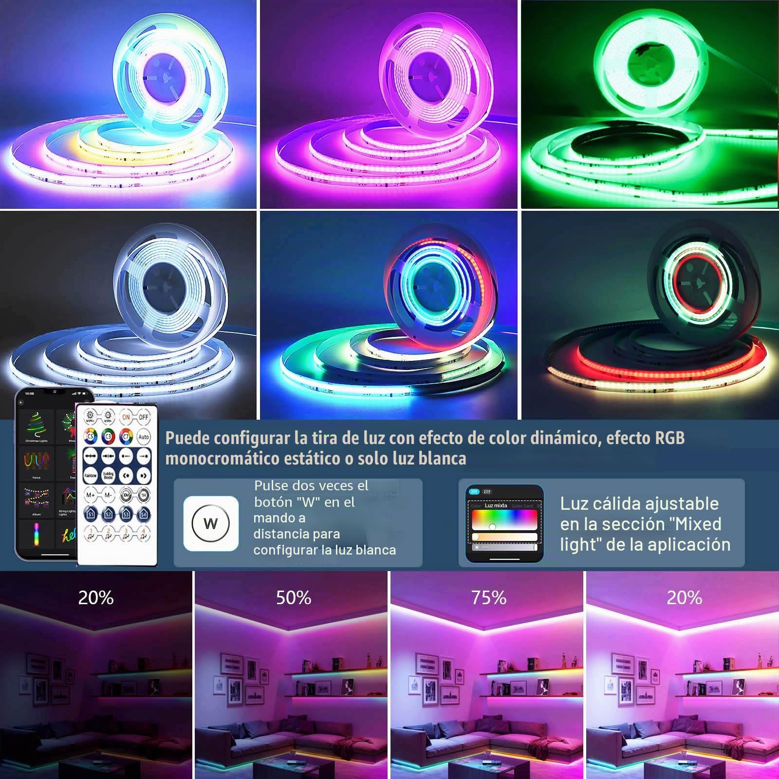 Luces Led Habitacion 10M,WiFi Tiras Led COB RGB+White +Dynamic color 576led/M 5760leds 24V Luces Led Habitación,16Millones de Colores y Música Modos,Para Google Home Assistant/Alexaz