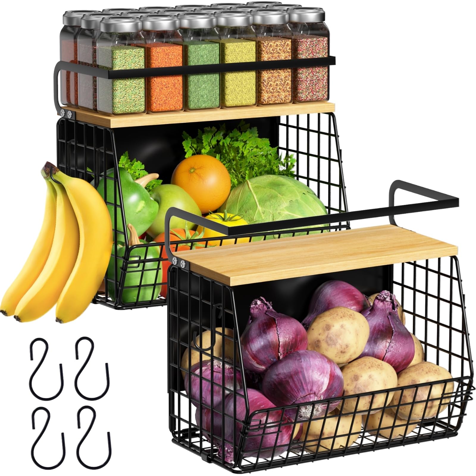 Ofiray-Home Magnetic Storage Rack for Fridge with Wood Lid β Large Metal Basket for Fruit, Onion, Potato & Pantry Organisation β Magnetic Spice Rack for Refrigerator, Cabinet or Kitchen Countertop