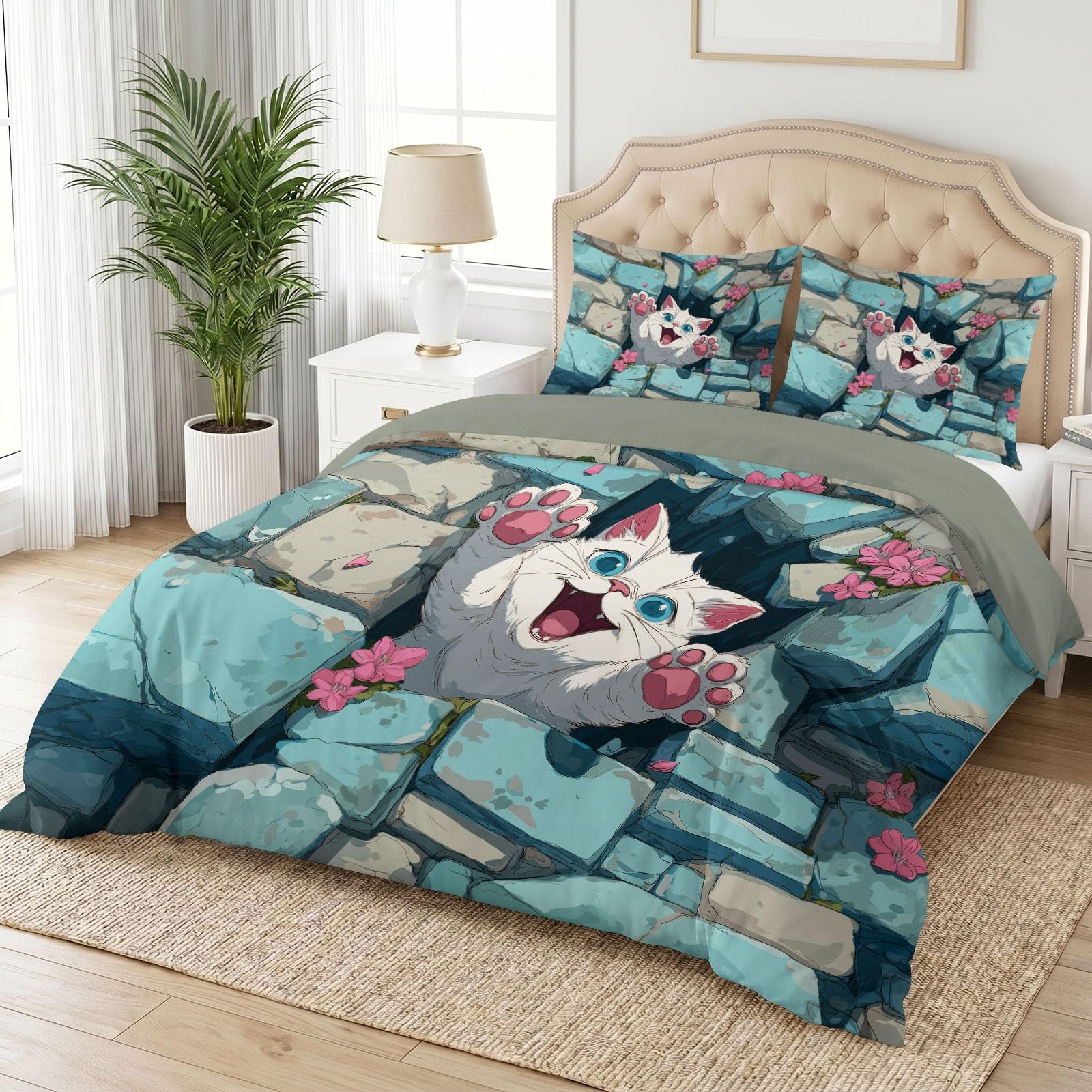Juego de funda de edredón y funda de almohada de dibujos animados terapéuticos, tamaño Super King, diseño de pared de piedra de gato blanco, ropa de cama de microfibra suave, 260 x 220 cm, reversible