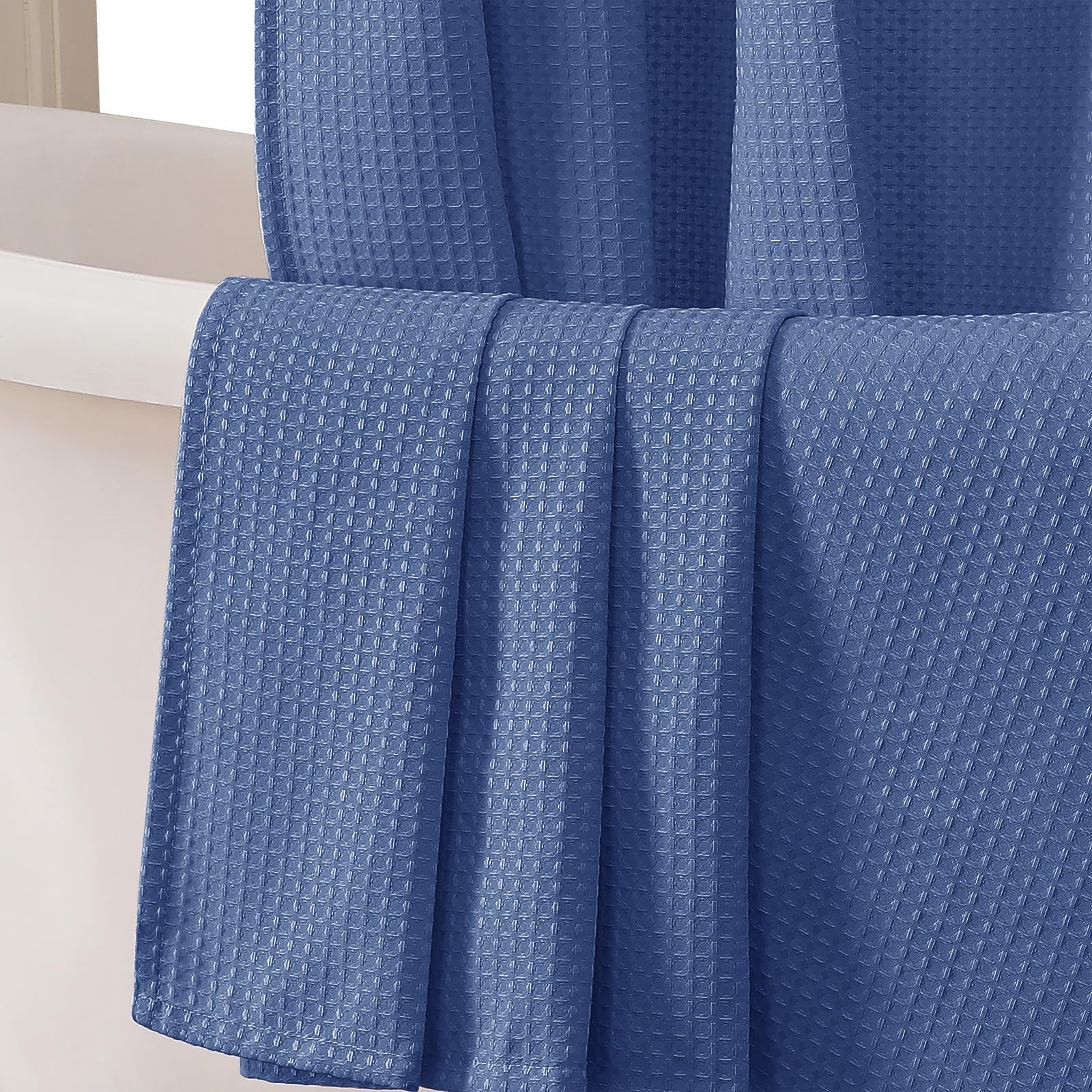 OVZME Blue Shower Curtain Set, Waffle Textured Heavy Duty Fabric Shower Curtain for Bathroom, Luxury Hotel Weighted 230GSM Bath Curtain with 12