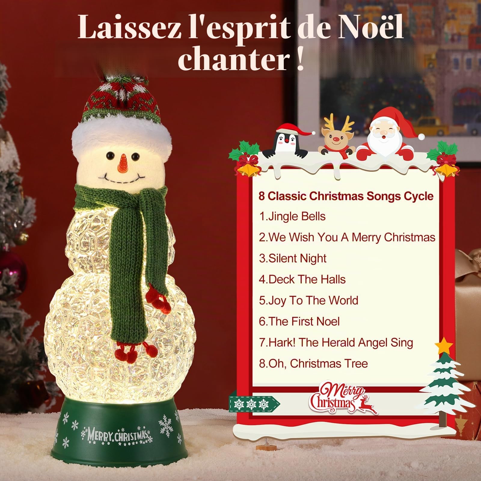 Lewondr Boule à Neige de Noël Bonhomme de Neige avec Écharpe Vert, Paillettes Tourbillonnantes et 8 Chansons - Écharpe Rayée, Lanterne, Décoration pour Les Fêtes de Fin d'Année
