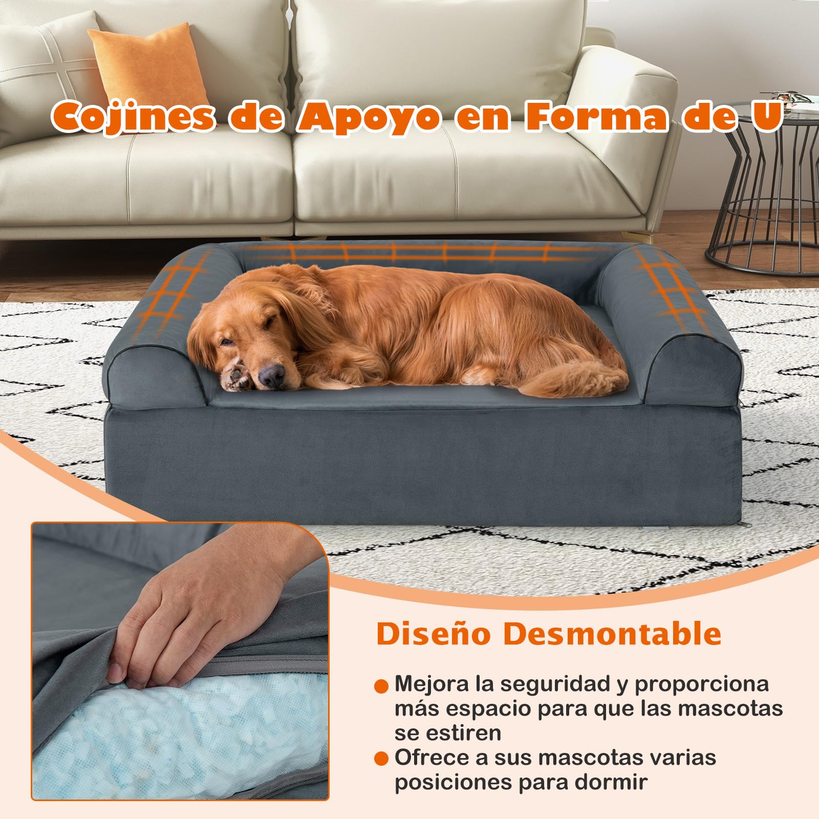 GOPLUS Cama Ortopédica para Perros Grandes, Cama de Espuma Viscoelástica con Reposacabezas Extraíbles, Funda Desmontable Lavable, Sofá de Gel Refrescante con Base Antideslizante para Mascotas, Gris