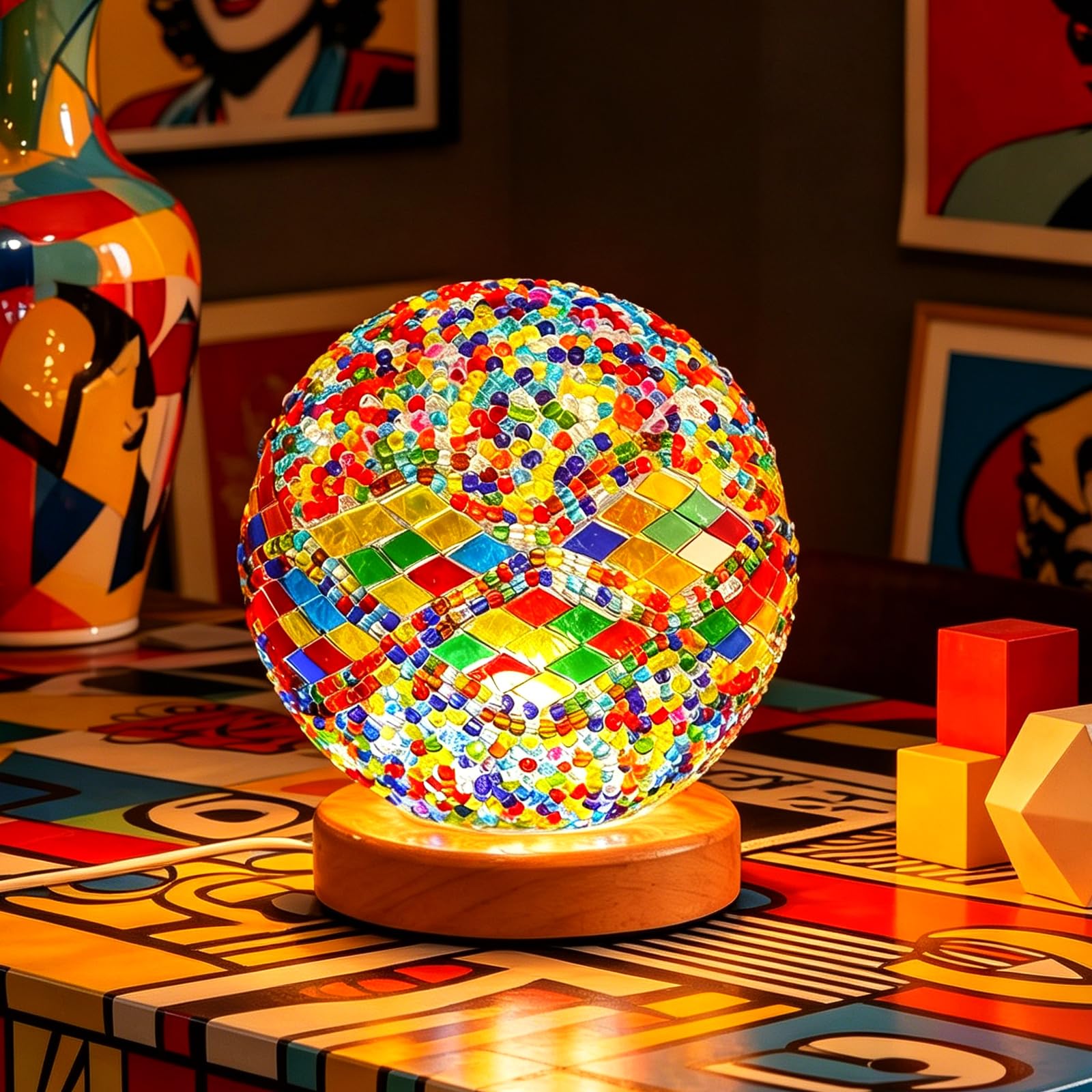 shulovehua Memphis Mosaic Table Lamp Vintage Turkish Stained Glass Lamps USB Power Dimmable Geometric Pattern Ambient Lighting for Kids Room Playroom & Pop Art Home Decoration(5V 4.72"*5.31")