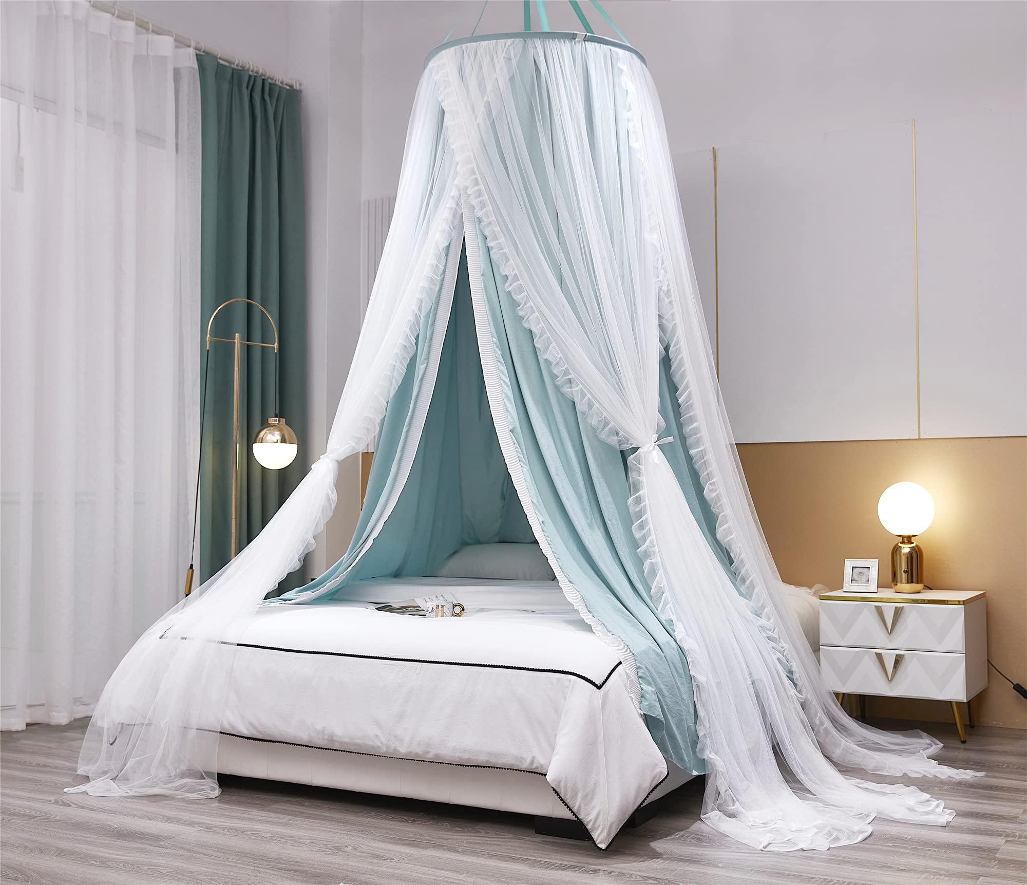 Baldacchino a Cupola Tonda a Doppio Strato per Principessa Tenda da Letto per Ragazze e Zanzariera da Sogno Decorazione Carina per Camera da Letto Castello da Gioco Angolo Lettura(Verde/Bianco)