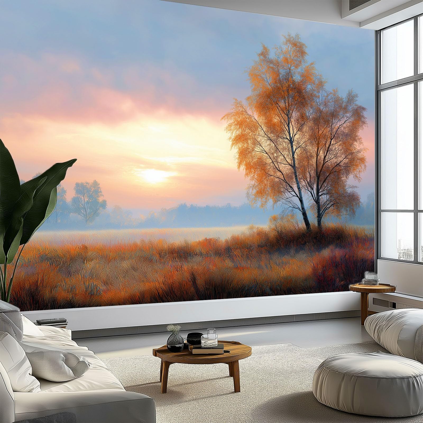 Mural Wallpaper Photography Autumn Morning Meadow Birch Trees 200 x 140 cm Modern Art Wall Mural, Yellow Easy to Install Non-Woven Poster Photo Wallpaper for Bedroom Living Room TV Backdrop Decor