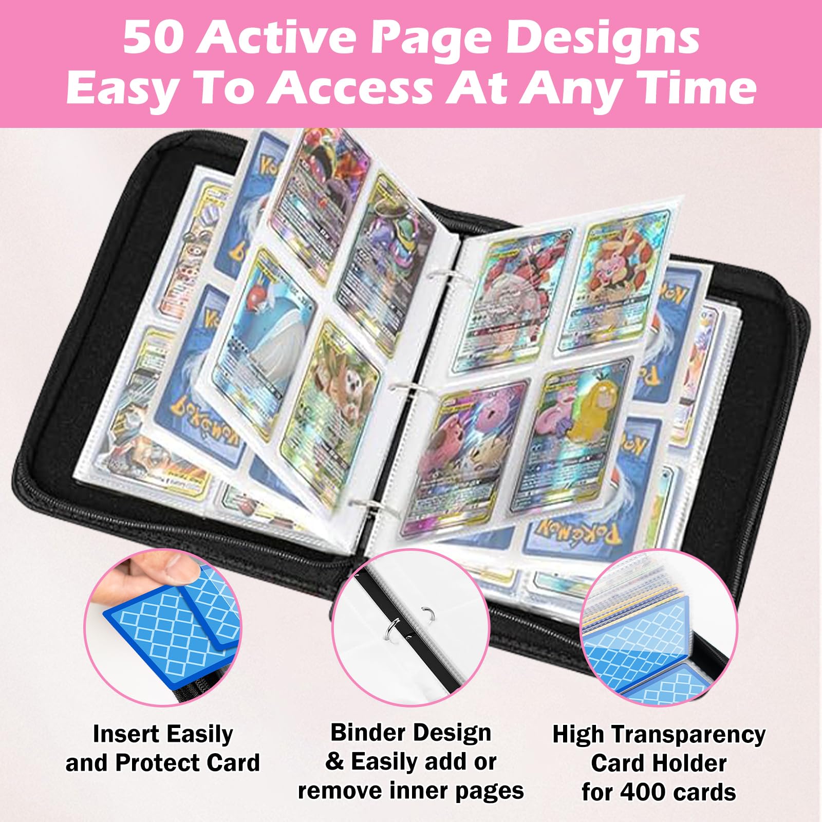 Card Binder for Pokemon 4 Pocket Trading Card Binder 50 Pages 400 Cards Capacity,Portable Waterproof PU Card Binder Folder,Collectible Card Album Perfect for boys and girls - Image 3