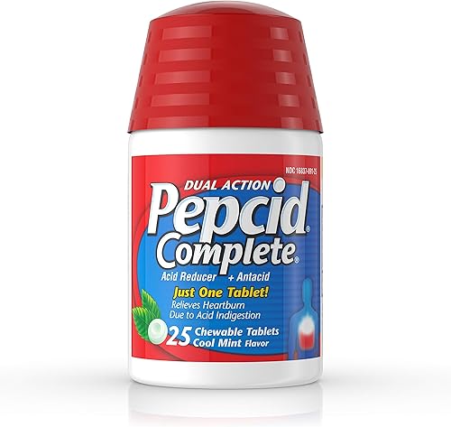 Pepcid Reductor de ácido completo tabletas masticables antiácidas alivio de la acidez estomacal menta 25 unidades